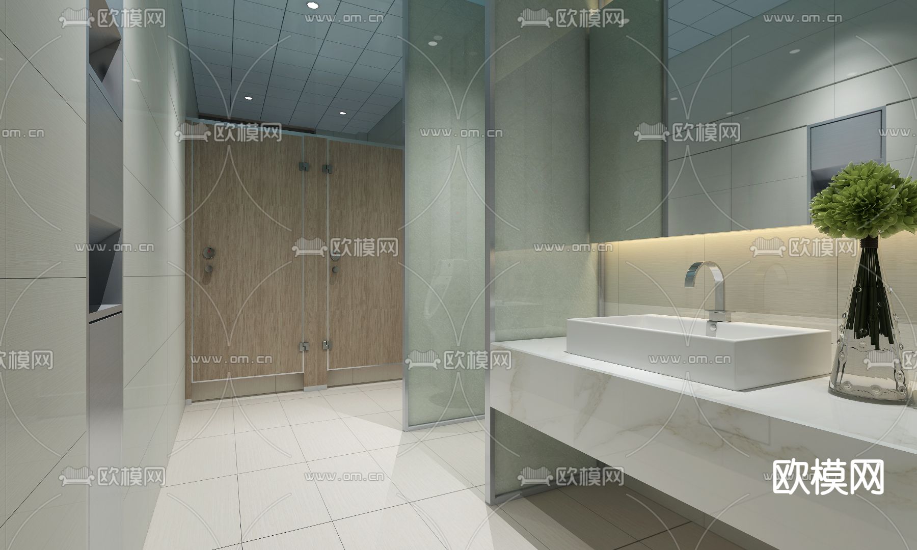公共卫生间 洗手间3d模型下载（渲染图1）