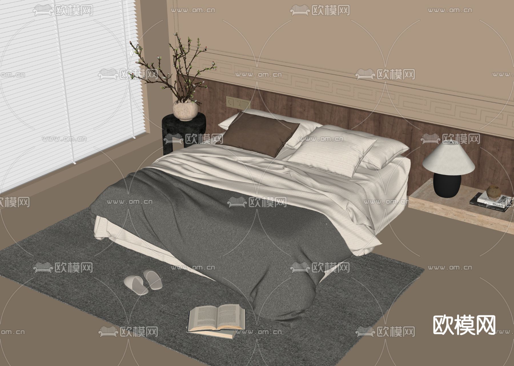 中古风双人床su模型下载（渲染图1）