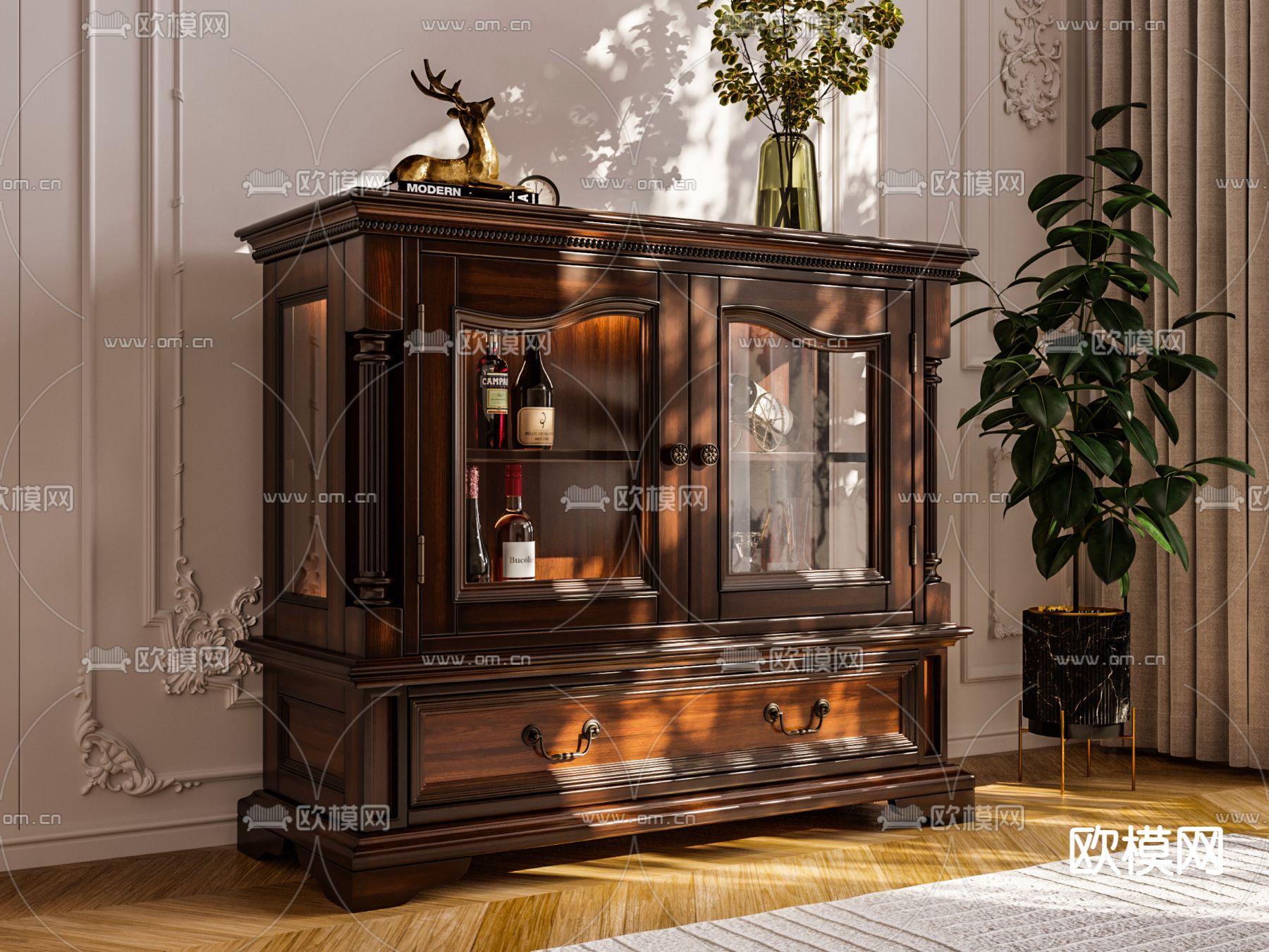 美式餐边柜 矮酒柜3d模型下载