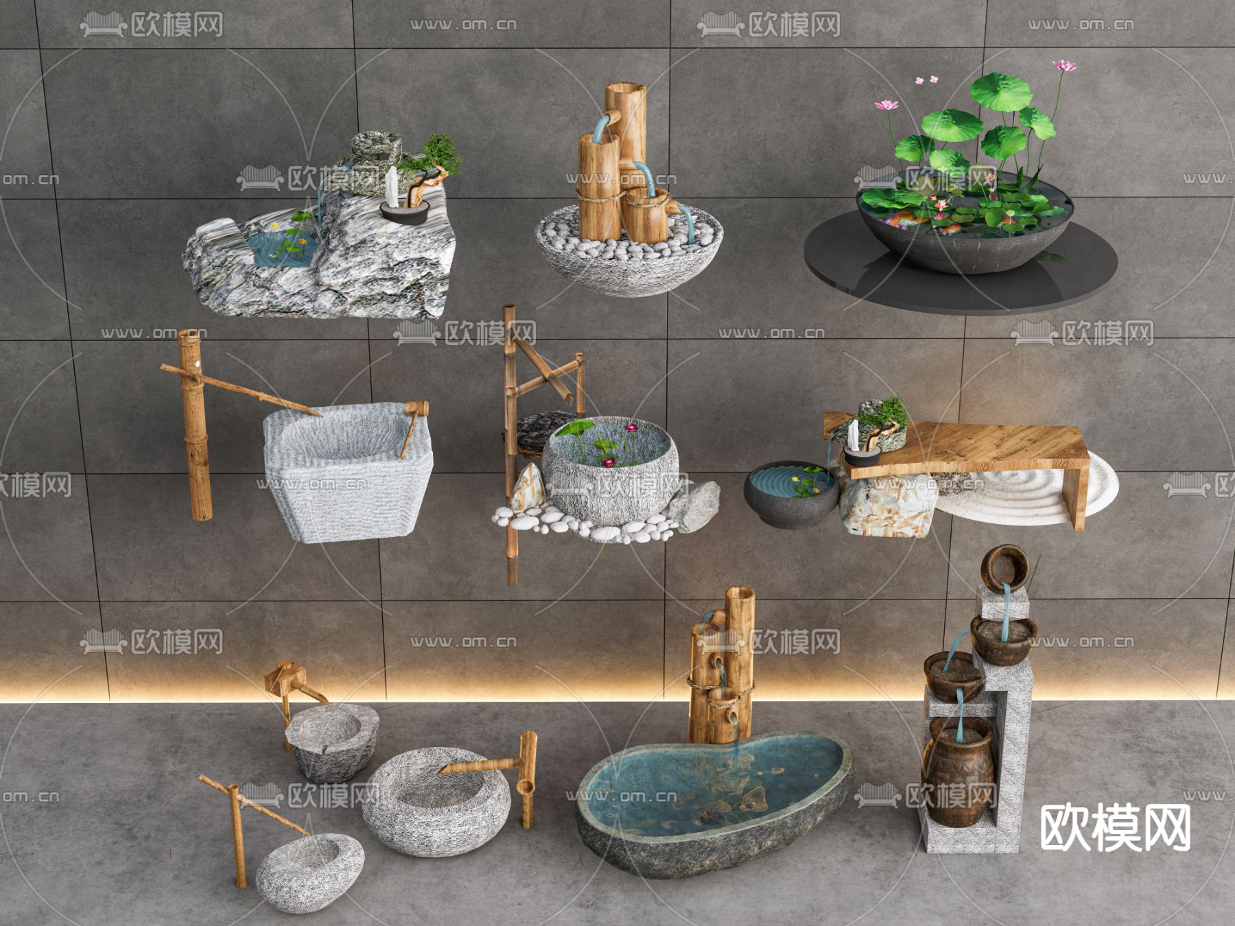 新中式 庭院小品 水池 流水3d模型下载