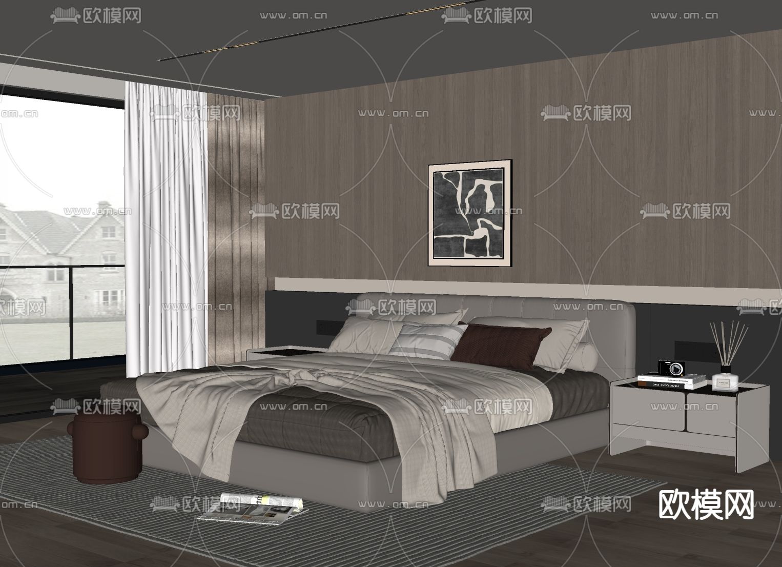 现代双人床su模型下载（渲染图1）