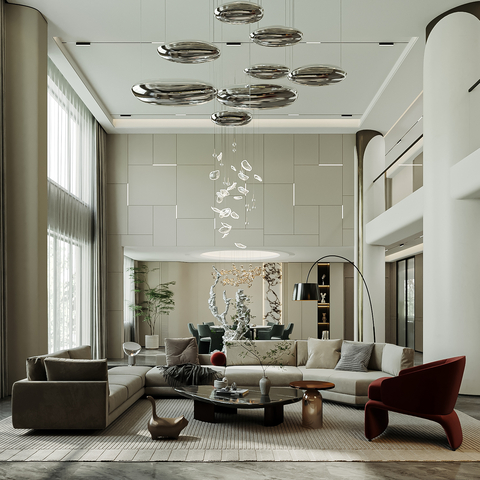  现代别墅客厅 挑空客厅su模型 