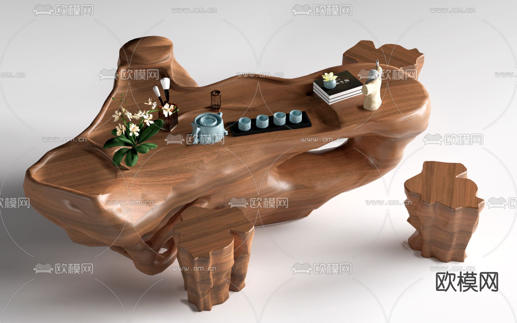 中式茶桌椅 树桩茶桌su模型下载（渲染图2）