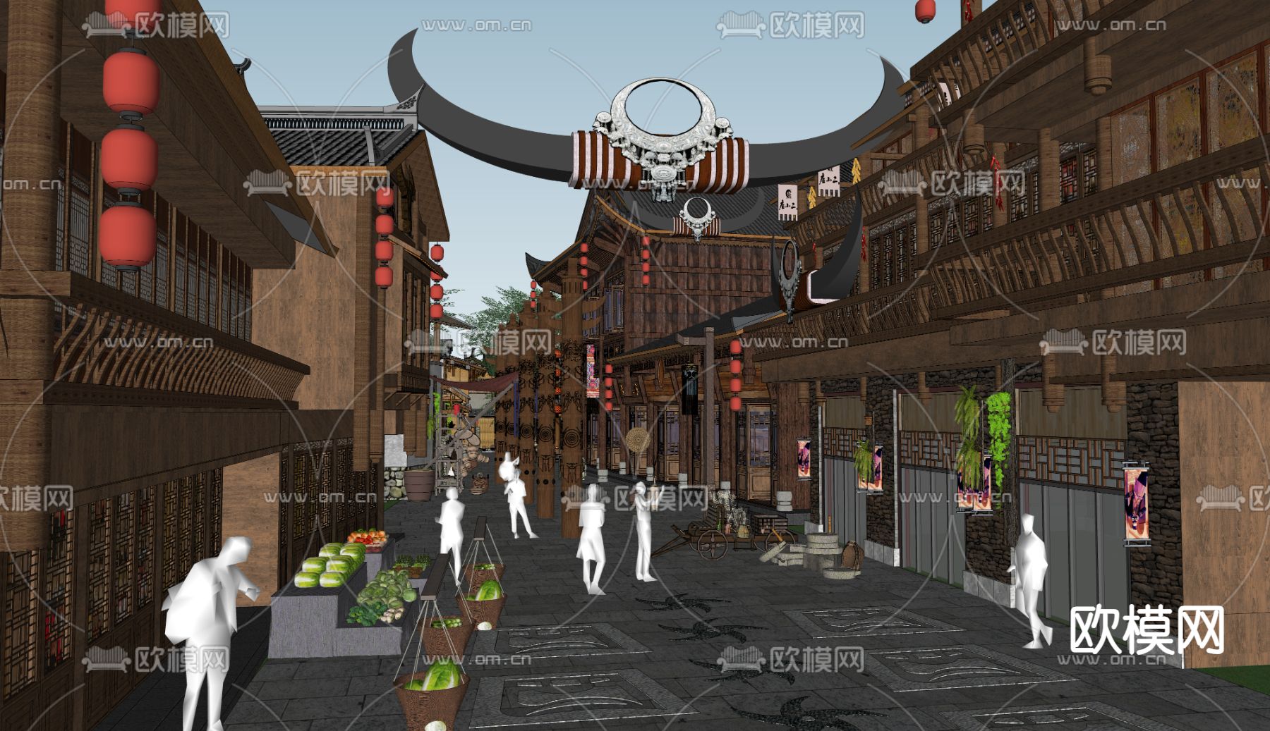 现代苗族商业街su模型下载（渲染图1）