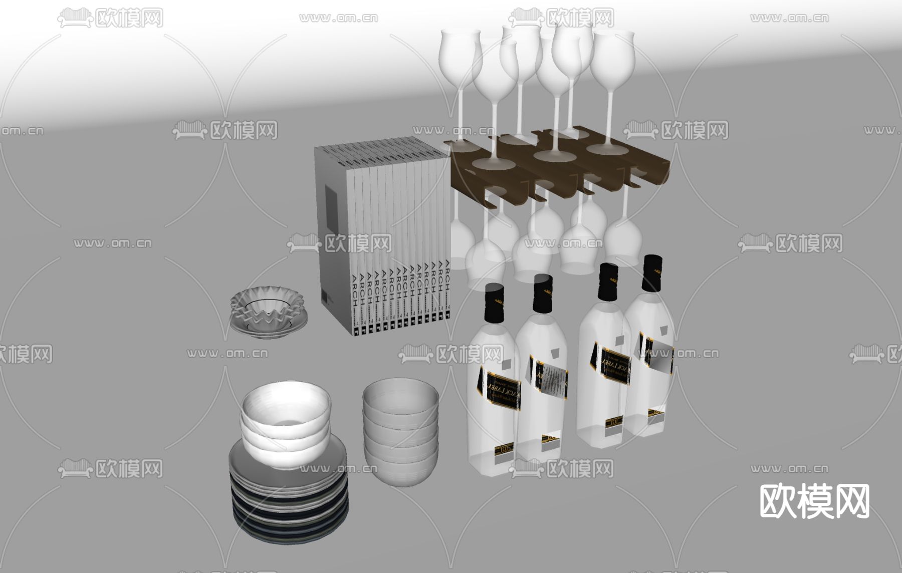 餐具 盘子 高脚杯 酒瓶su模型下载（渲染图1）