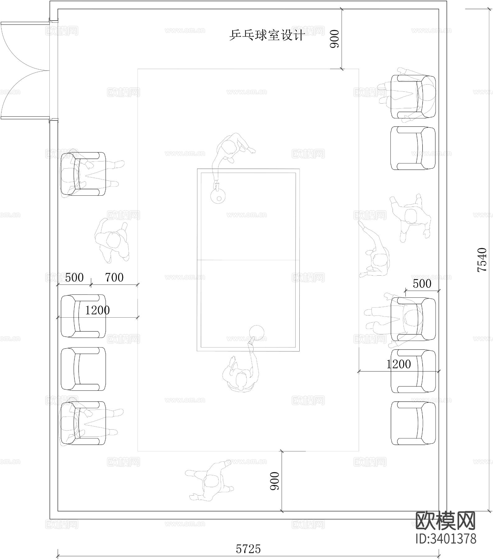 乒乓球室CAD平面图下载（渲染图2）
