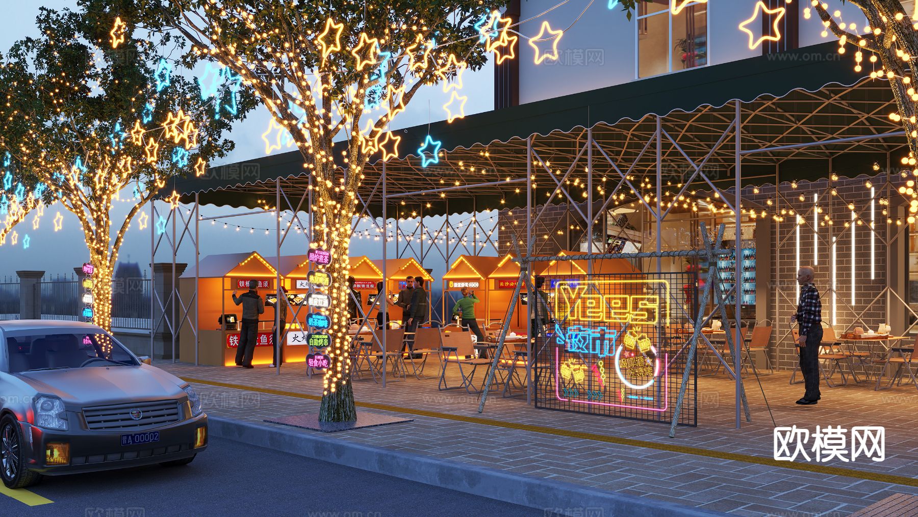 现代集市夜市 商业街su模型下载（渲染图2）