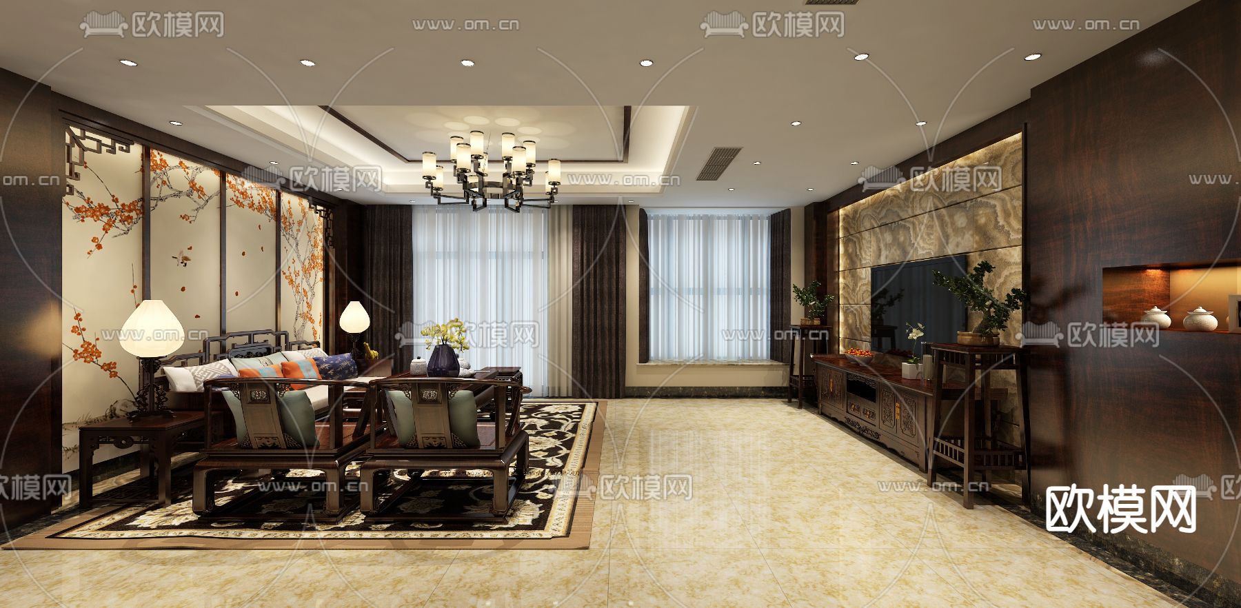 中式客餐厅3d模型下载（渲染图2）