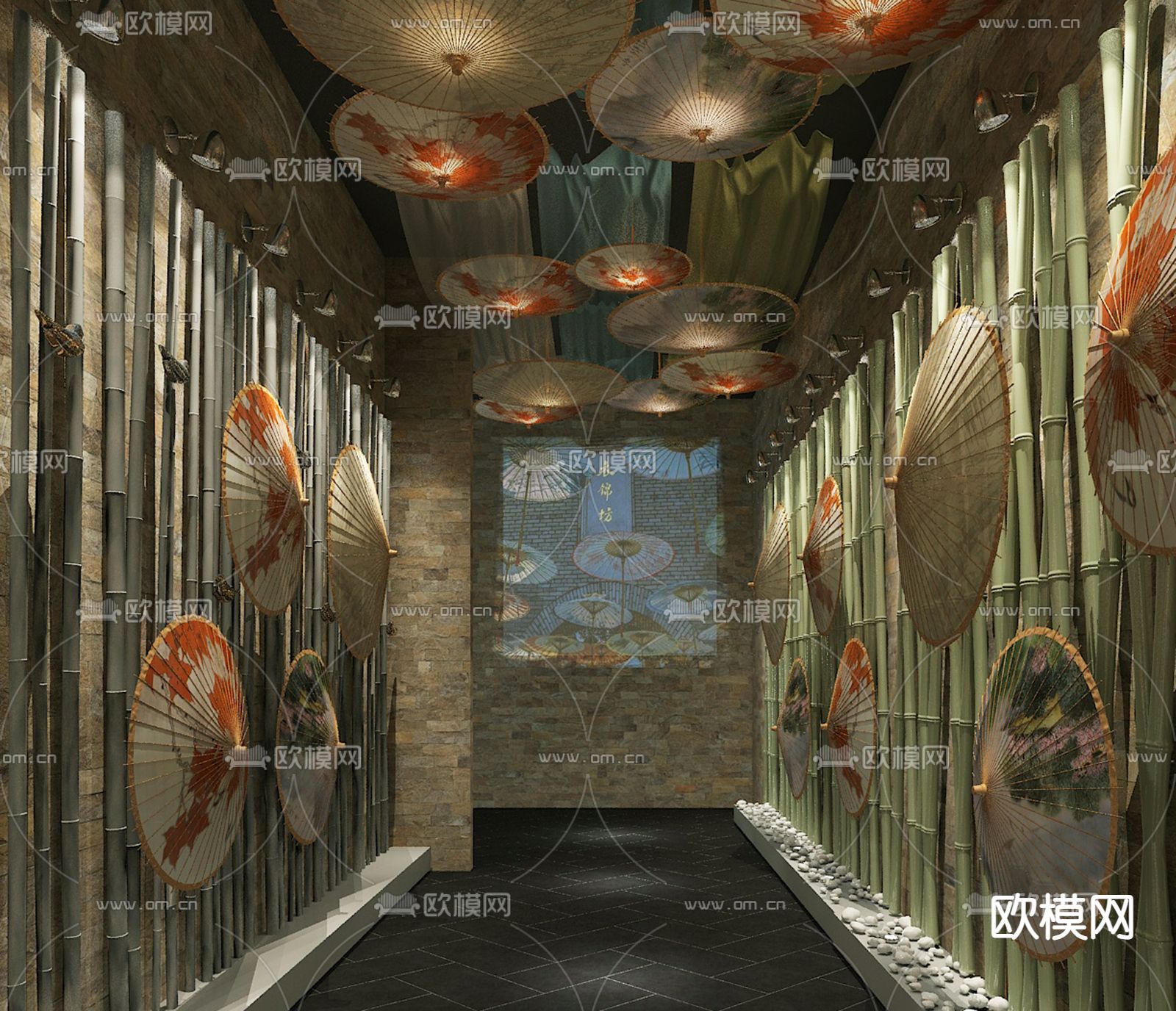 中式展厅 油纸伞展厅3d模型下载（渲染图1）