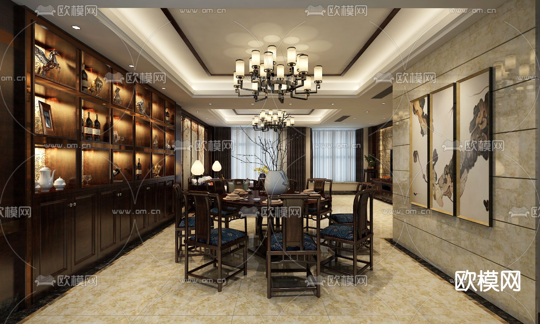 中式客餐厅3d模型下载（渲染图3）