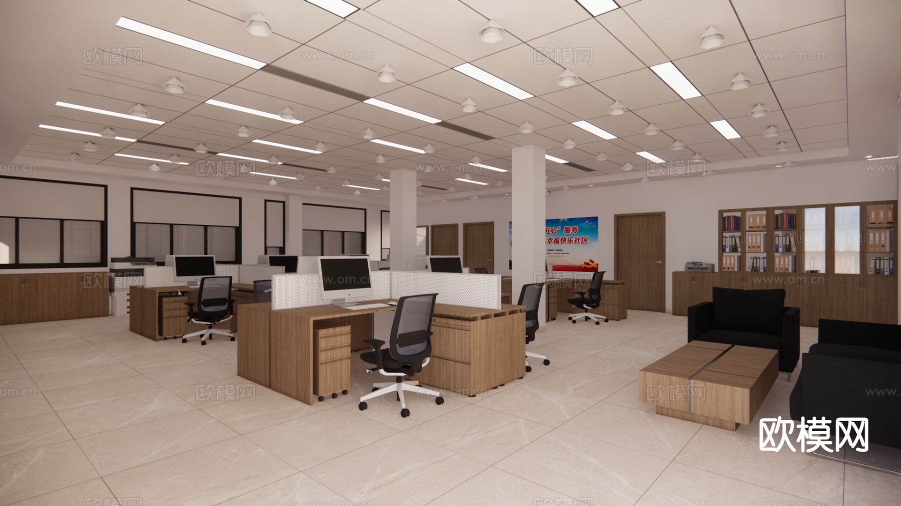 公共办公区su模型下载（渲染图2）