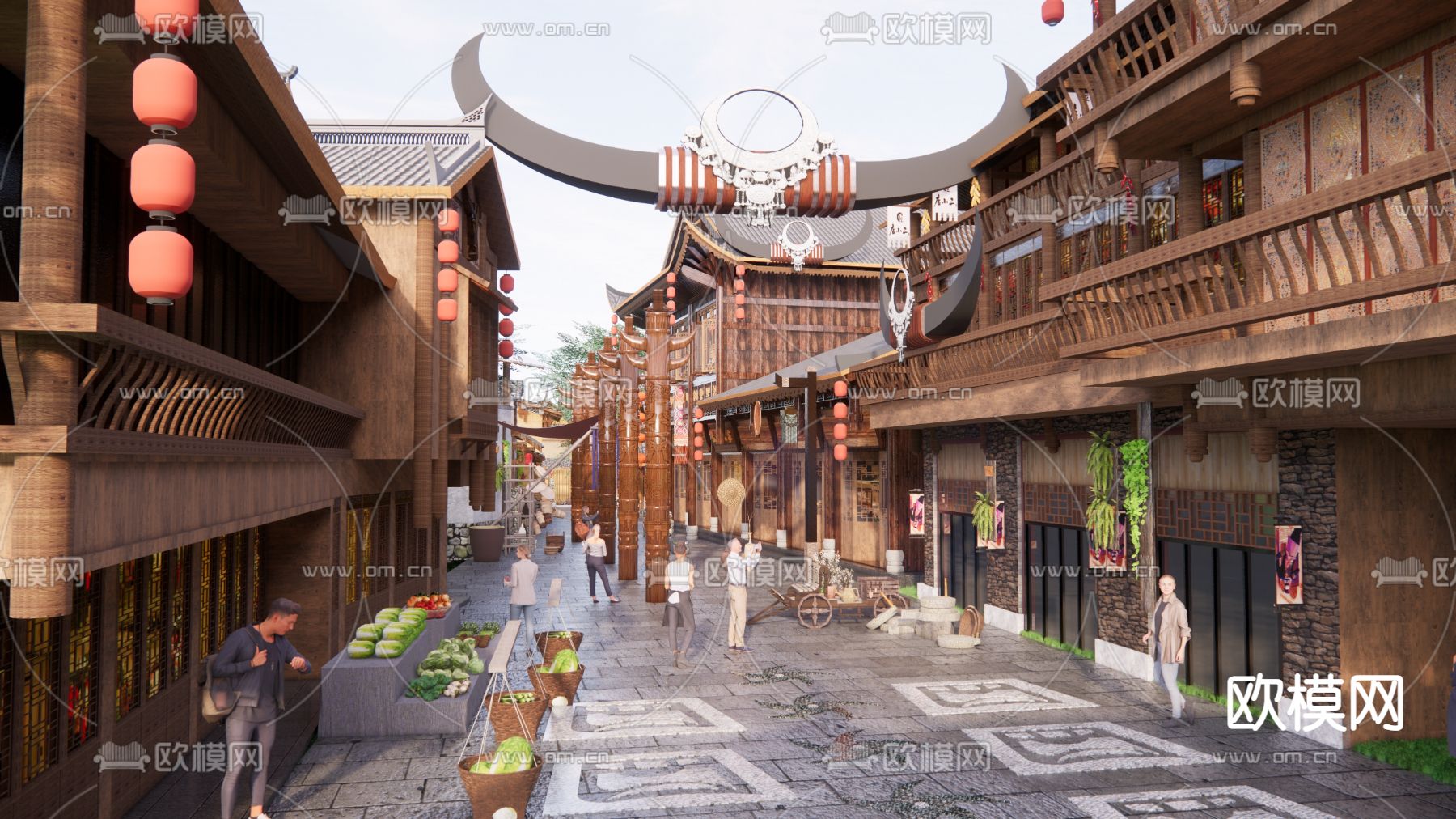 现代苗族商业街su模型下载（渲染图2）