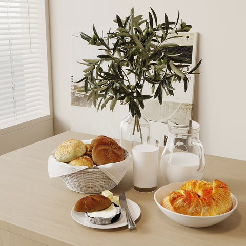  现代食物 面包 牛奶su模型 