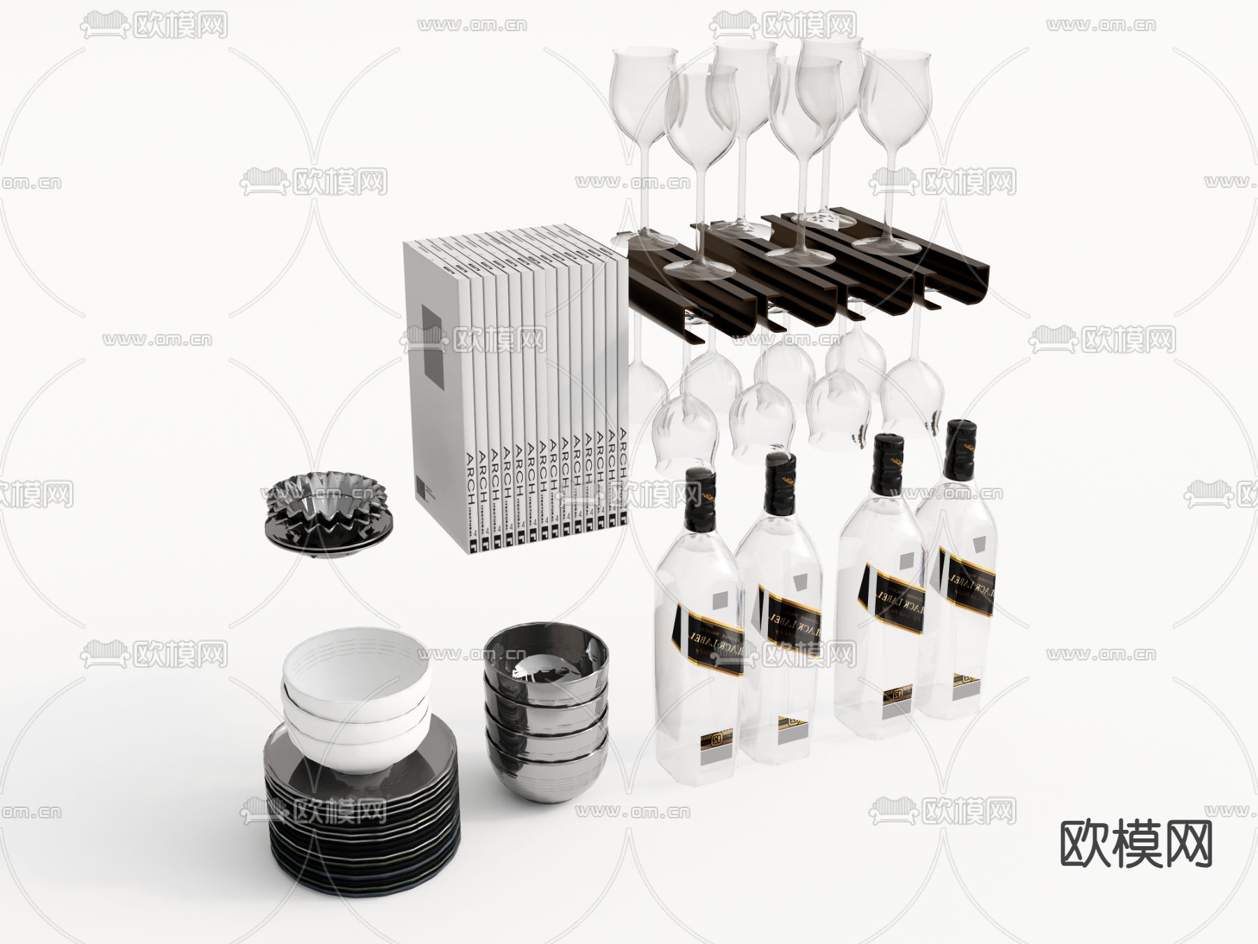 餐具 盘子 高脚杯 酒瓶su模型下载（渲染图2）