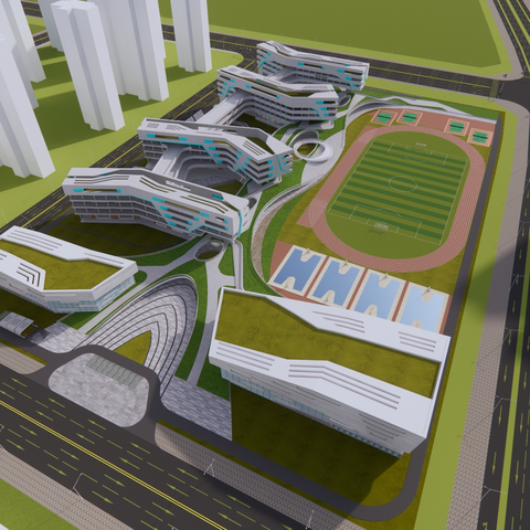  文教建筑 学校建筑鸟瞰规划su模型 