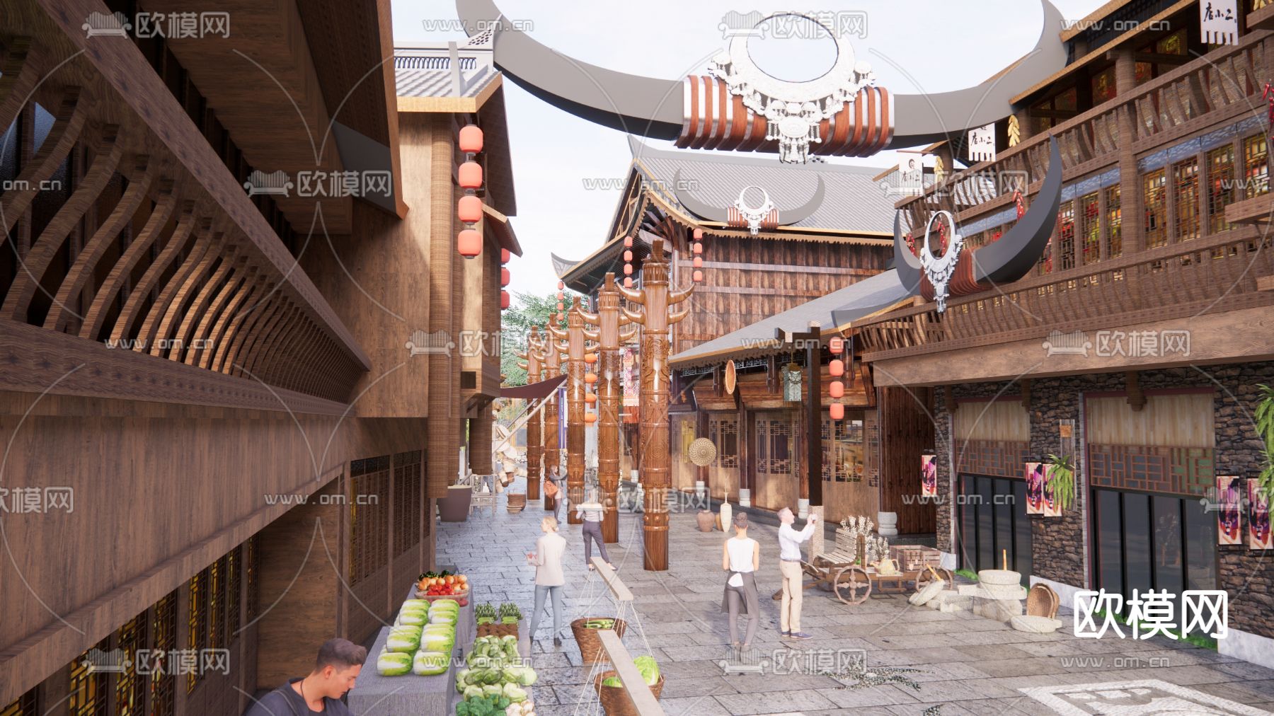 现代苗族商业街su模型下载（渲染图3）