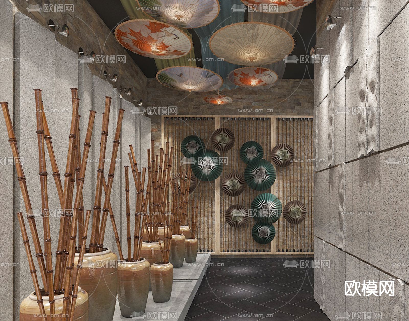 中式展厅 油纸伞展厅3d模型下载（渲染图2）