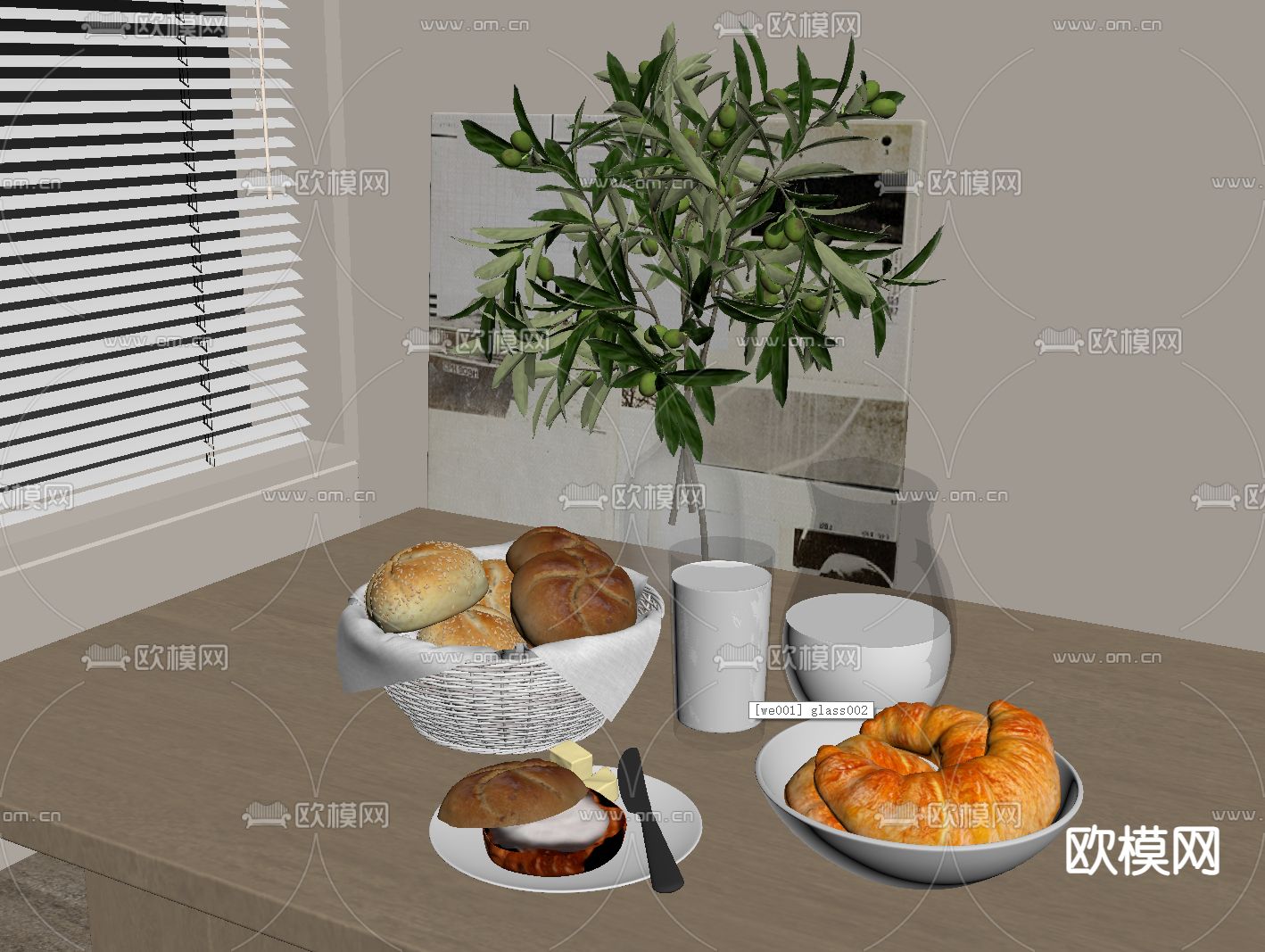 现代食物 面包 牛奶su模型下载（渲染图1）