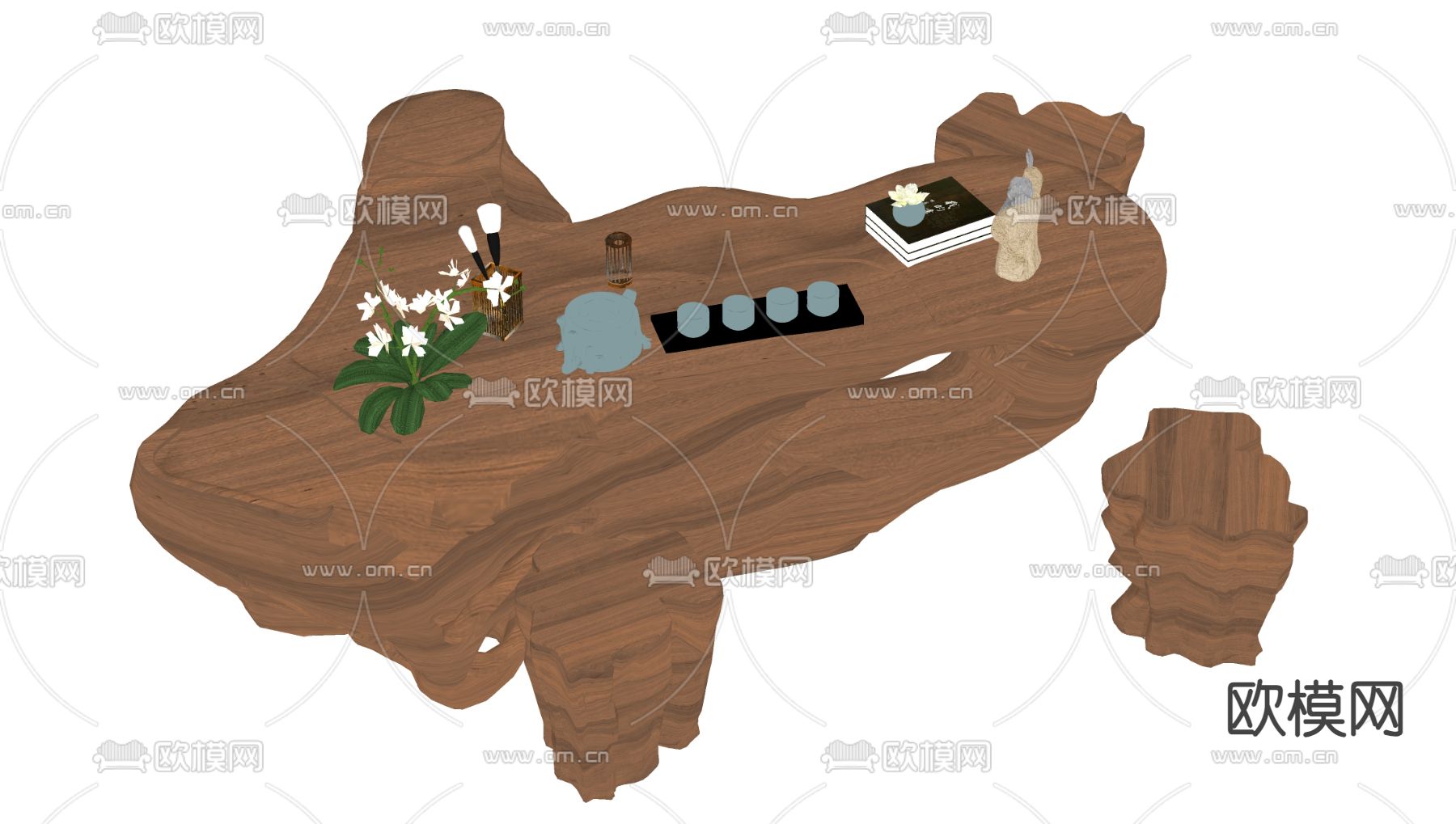 中式茶桌椅 树桩茶桌su模型下载（渲染图1）