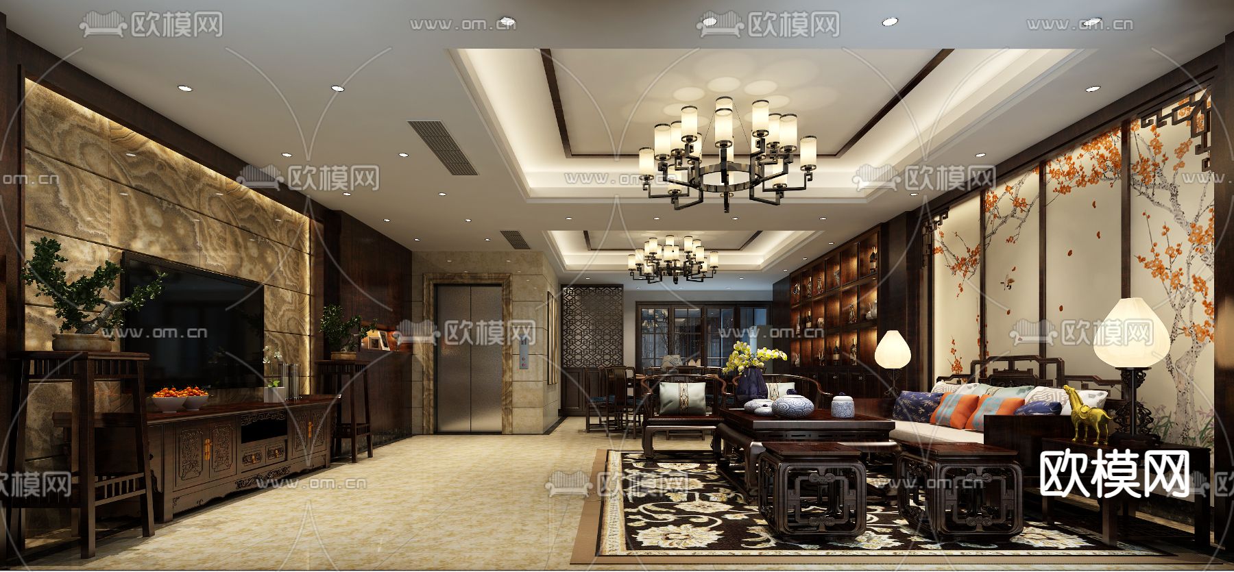 中式客餐厅3d模型下载（渲染图1）