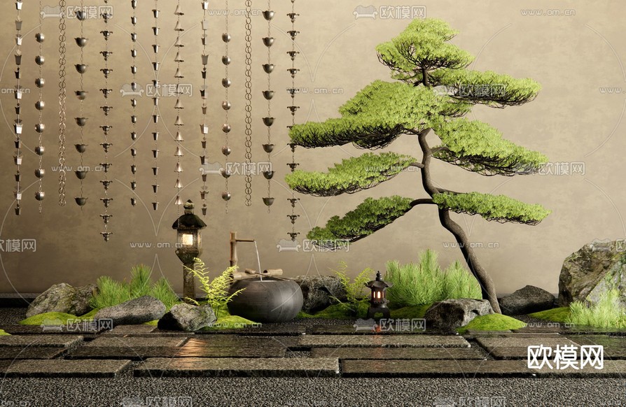 日式枯山水造景3d模型下载