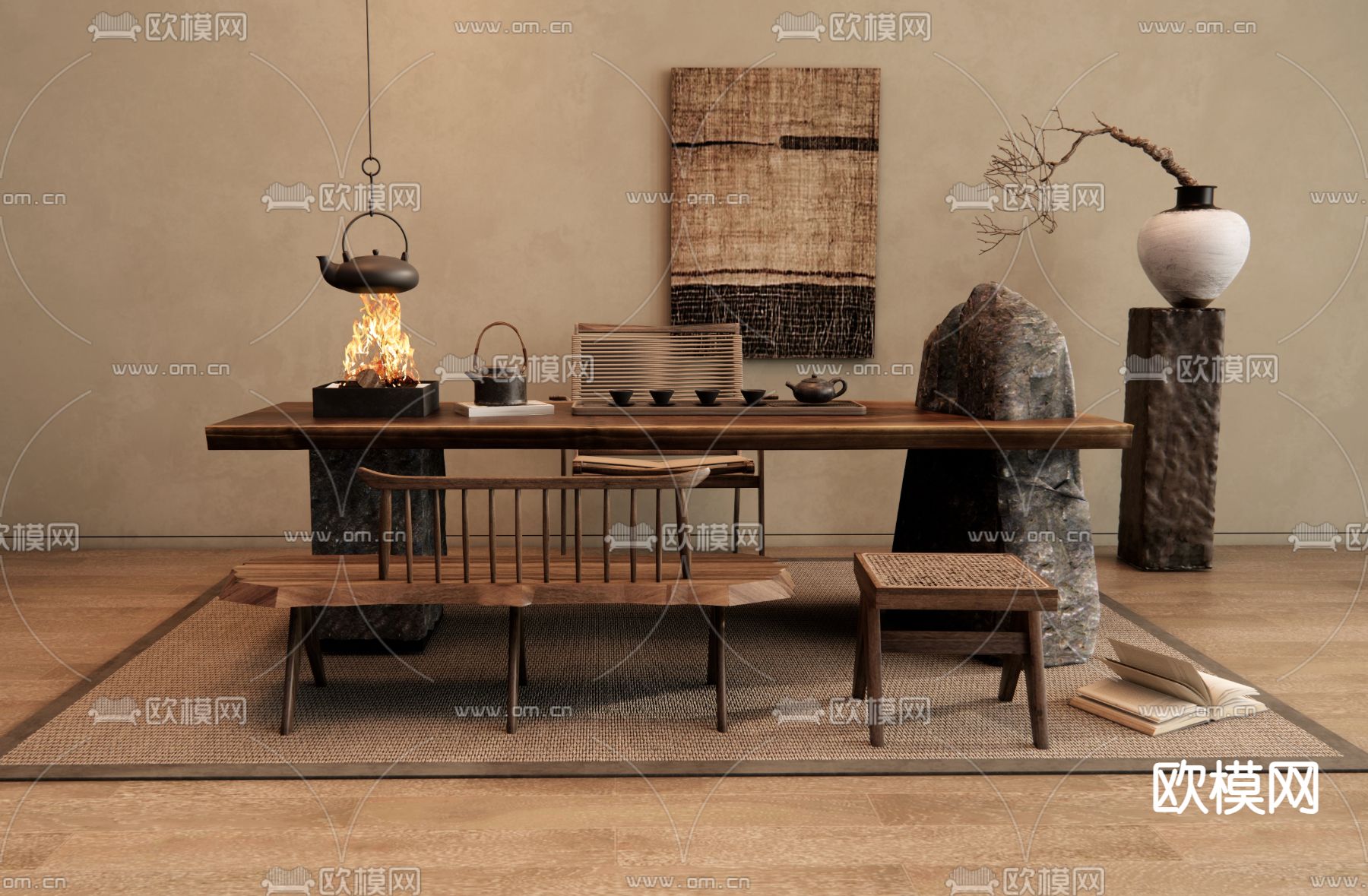 侘寂风茶桌椅3d模型下载