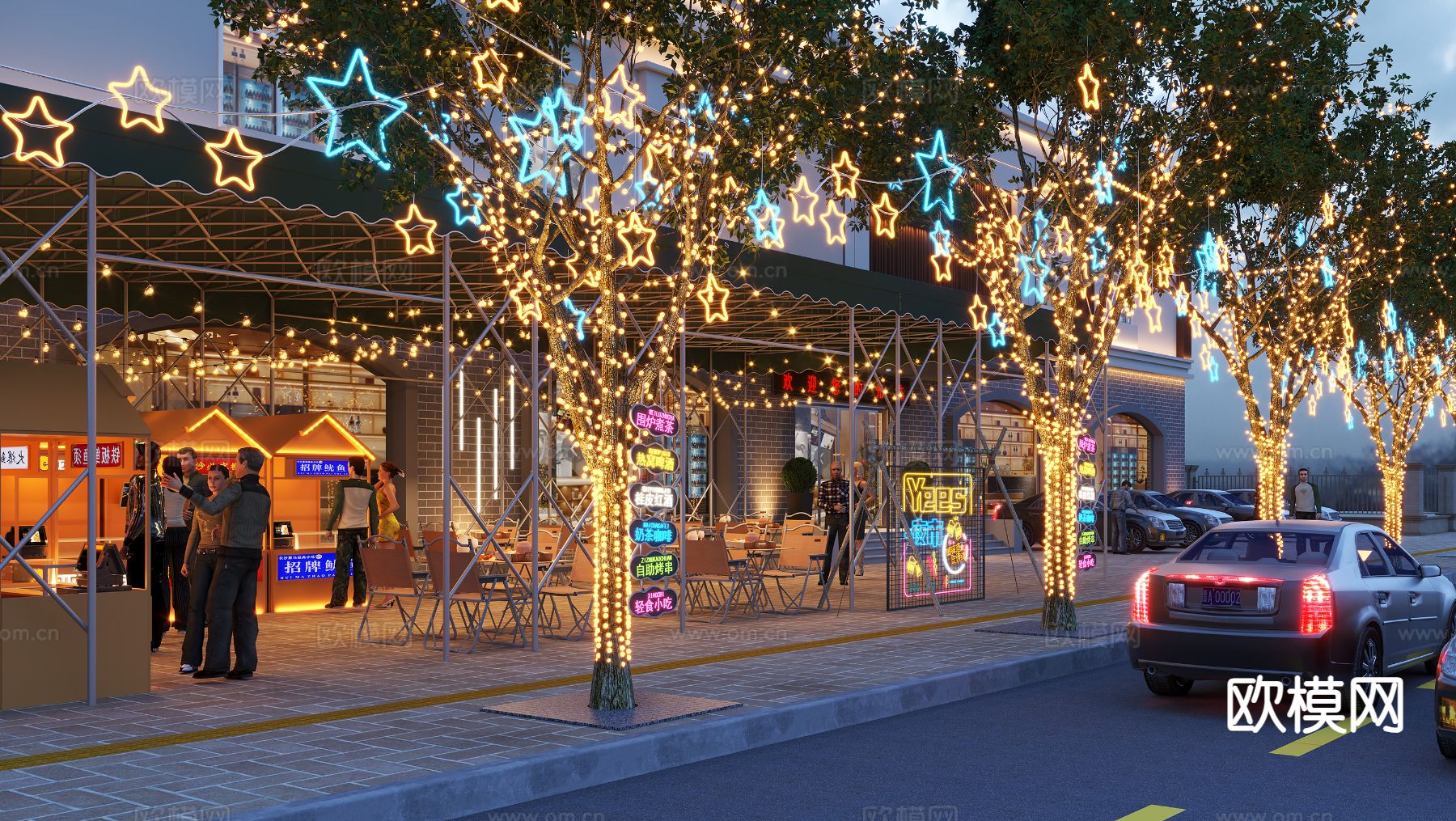 现代集市夜市 商业街su模型下载（渲染图3）