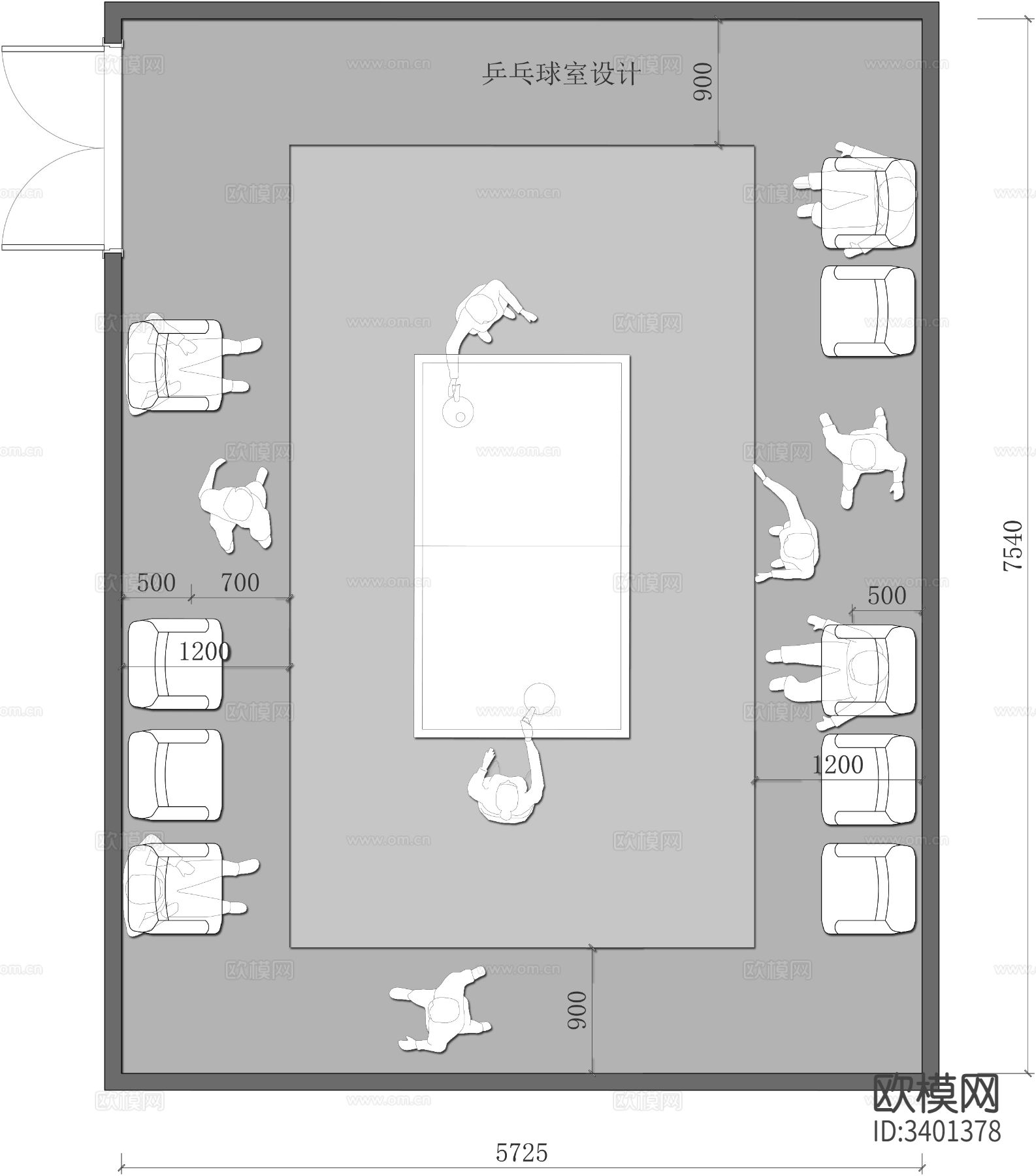 乒乓球室CAD平面图下载（渲染图1）
