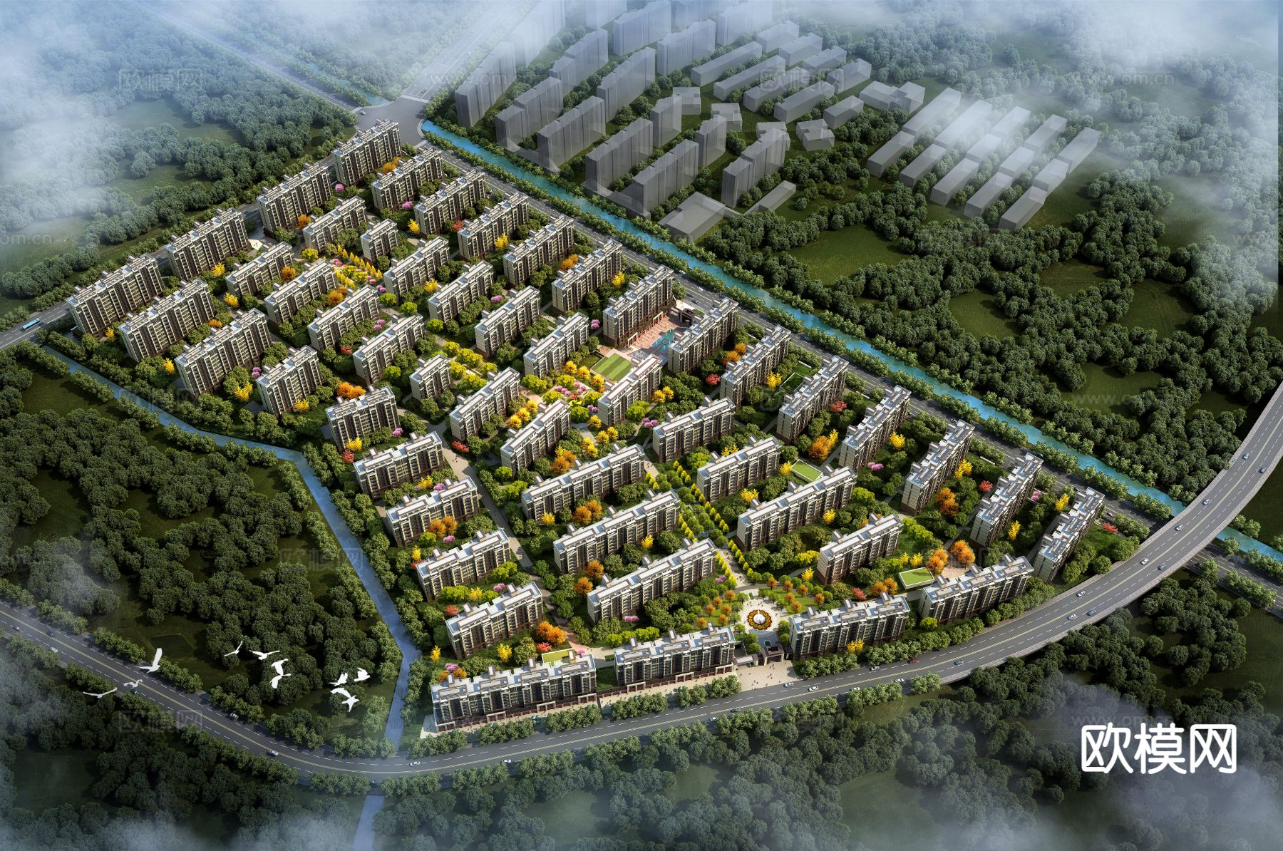 住宅小区鸟瞰3d模型下载