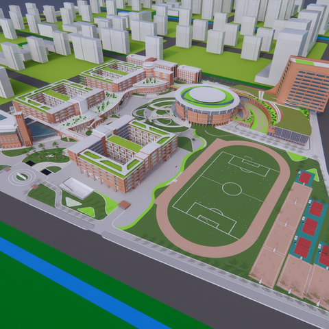  文教建筑 学校建筑鸟瞰规划su模型 