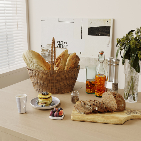  早餐 食物 面包 咖啡su模型 