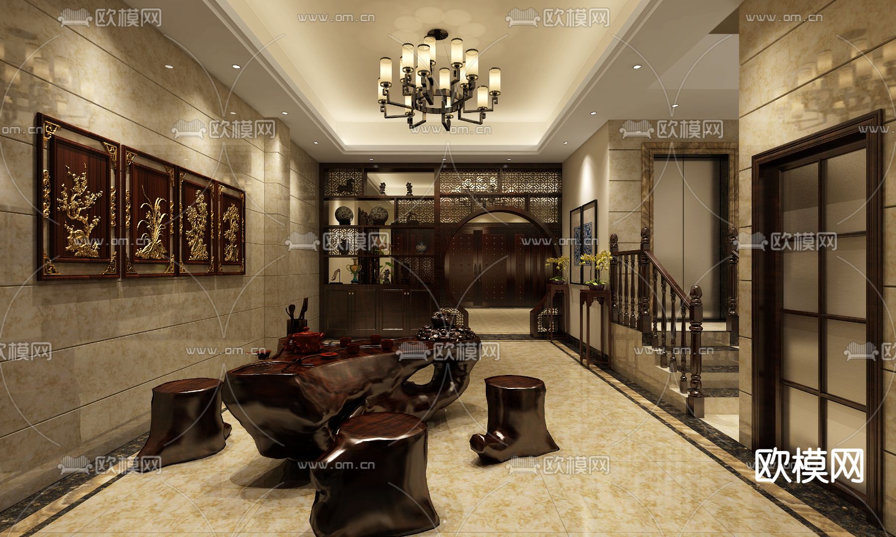 中式别墅茶室3d模型下载（渲染图1）