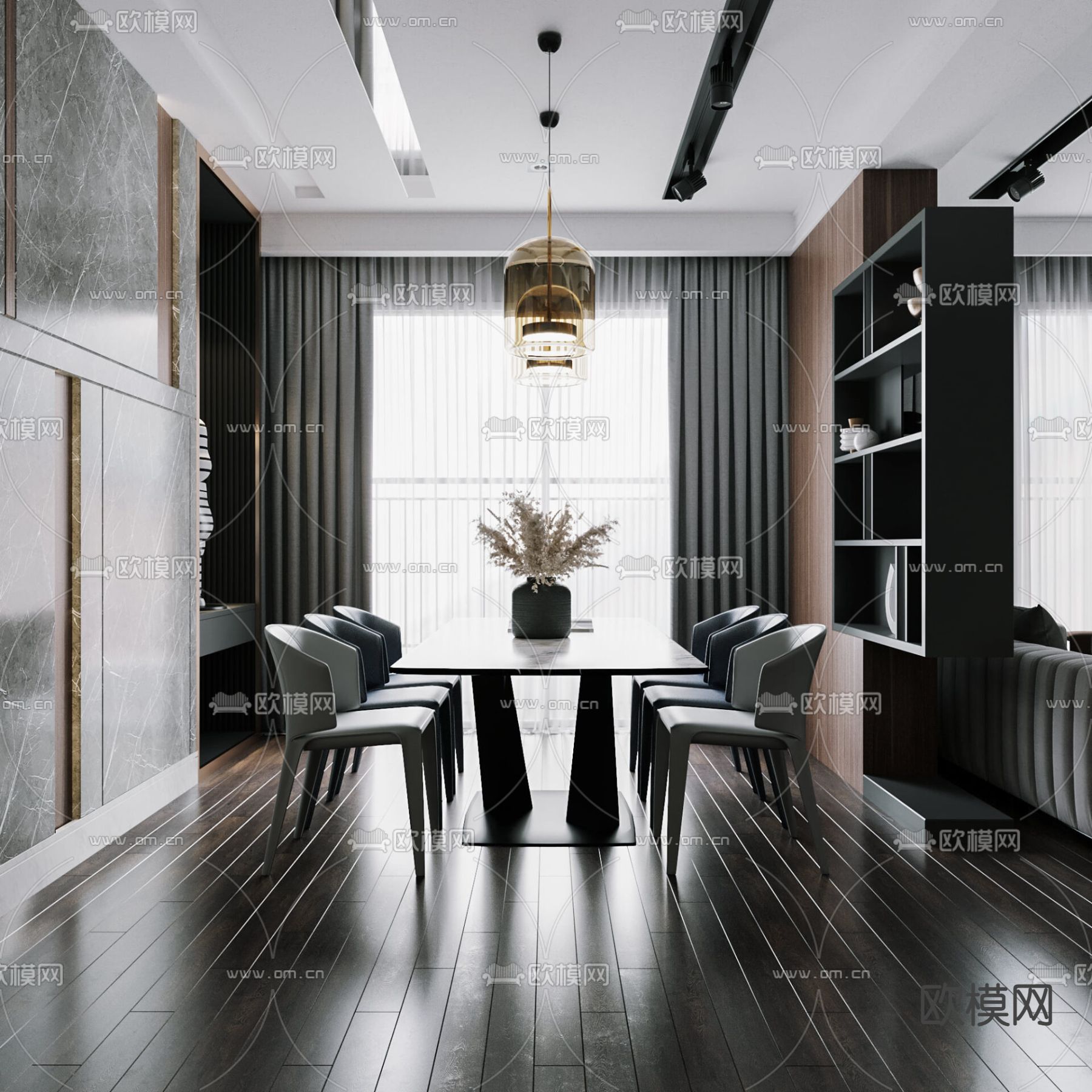高级灰客餐厅3d模型下载（渲染图1）