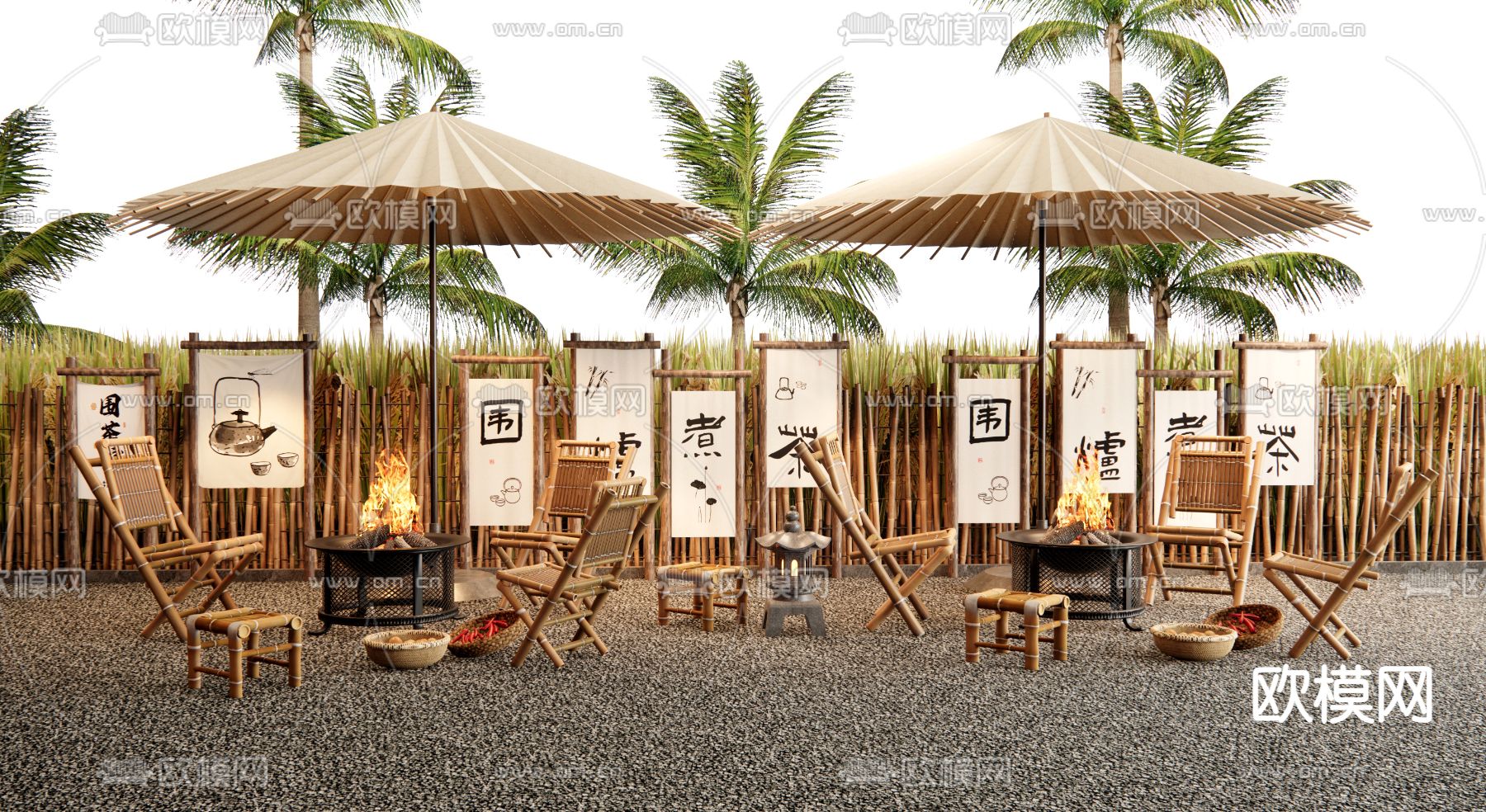 中式户外桌椅3d模型下载