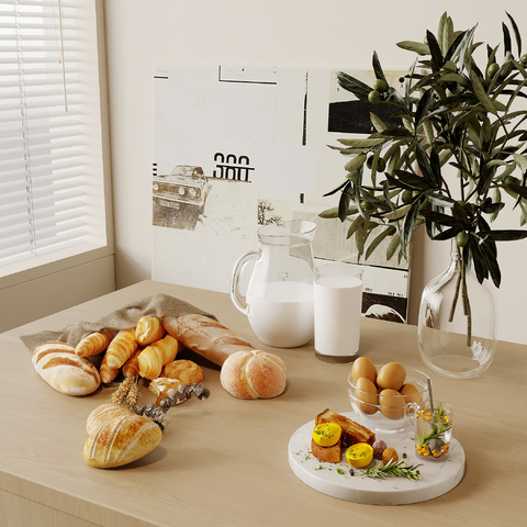  早餐 食物 面包 牛奶su模型 