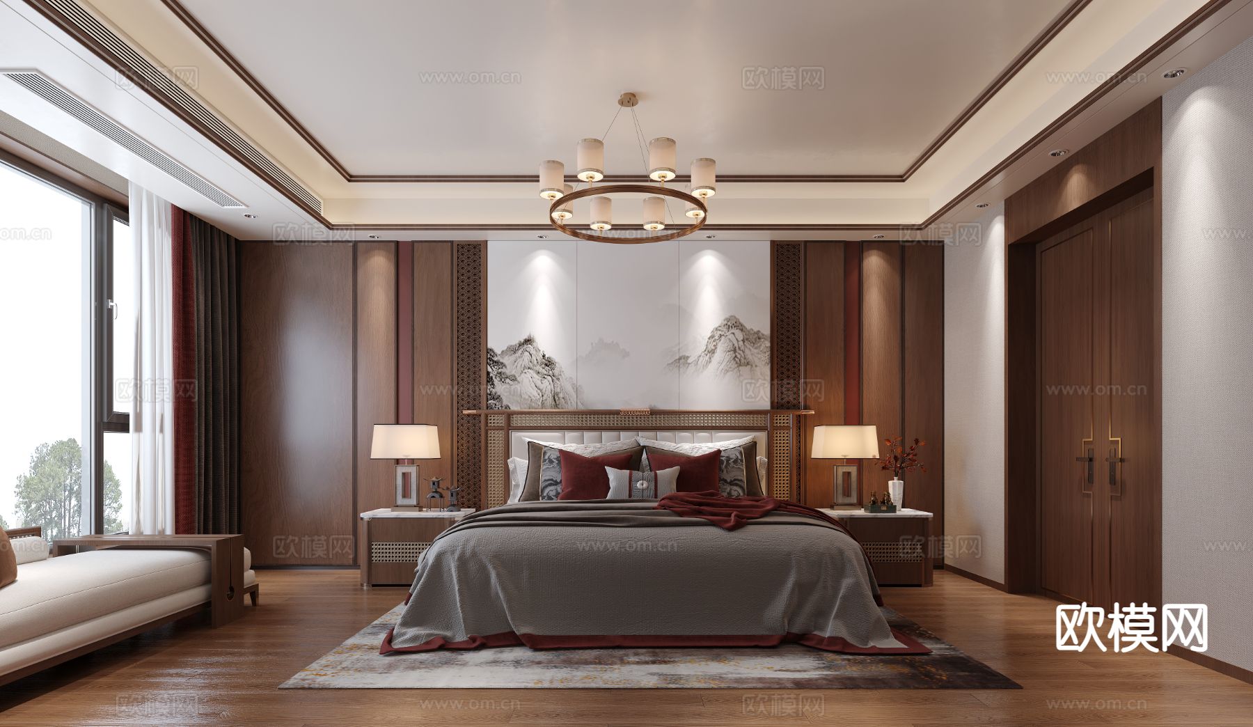 中式卧室 主卧3d模型下载（渲染图1）