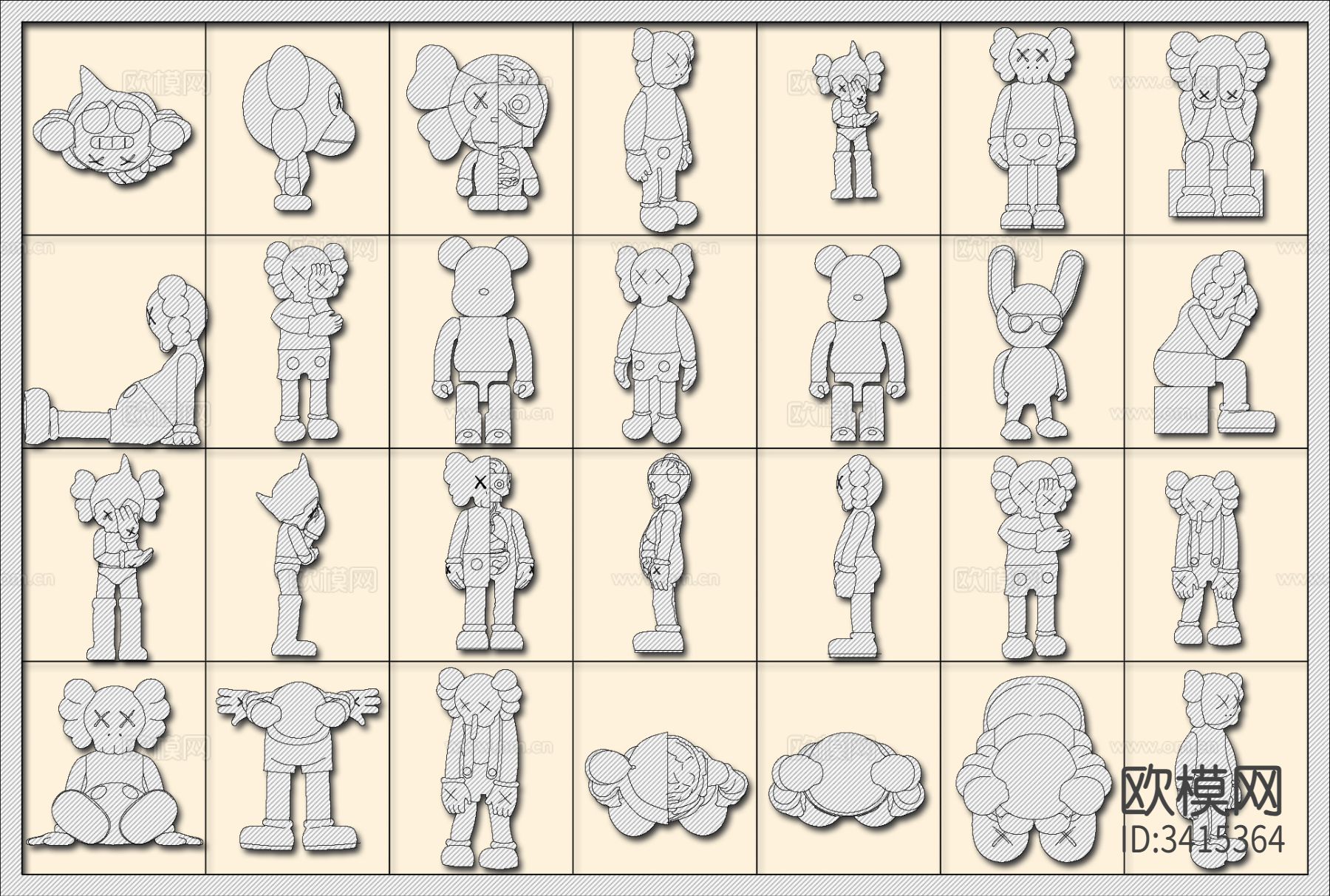 网红潮流公仔暴力熊cad图库下载（渲染图1）