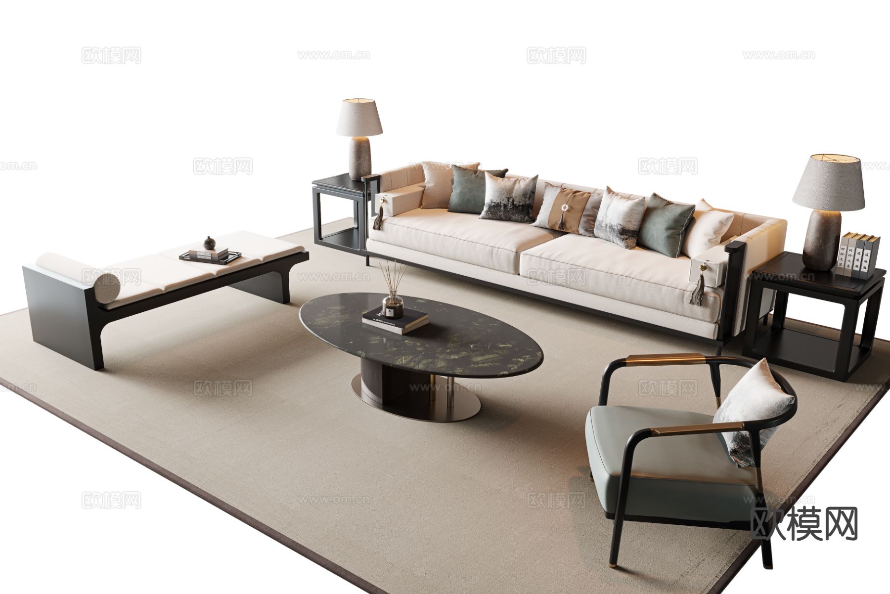 新中式组合沙发su模型下载（渲染图2）