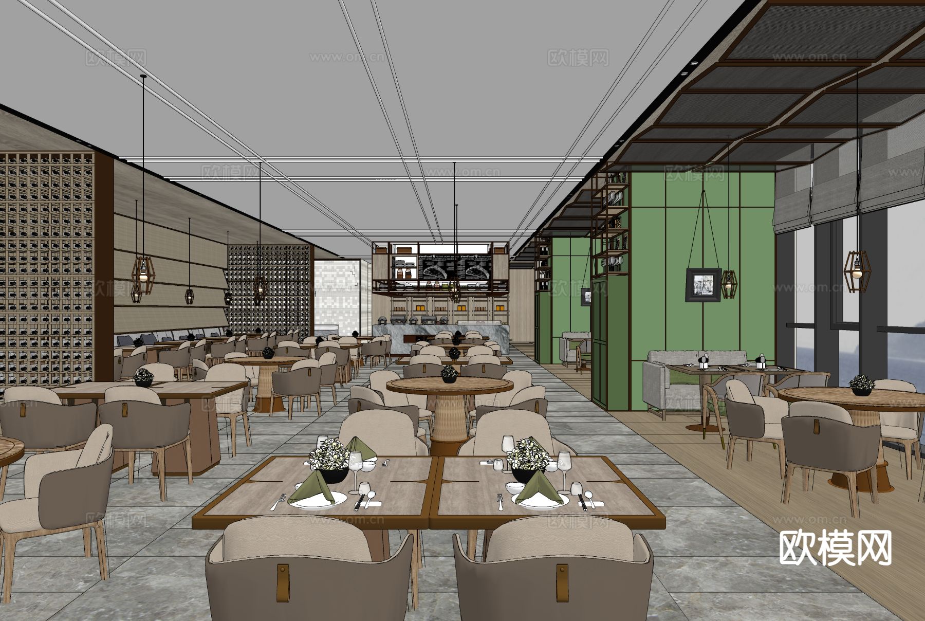 现代酒店餐厅 自助餐厅su模型下载（渲染图1）