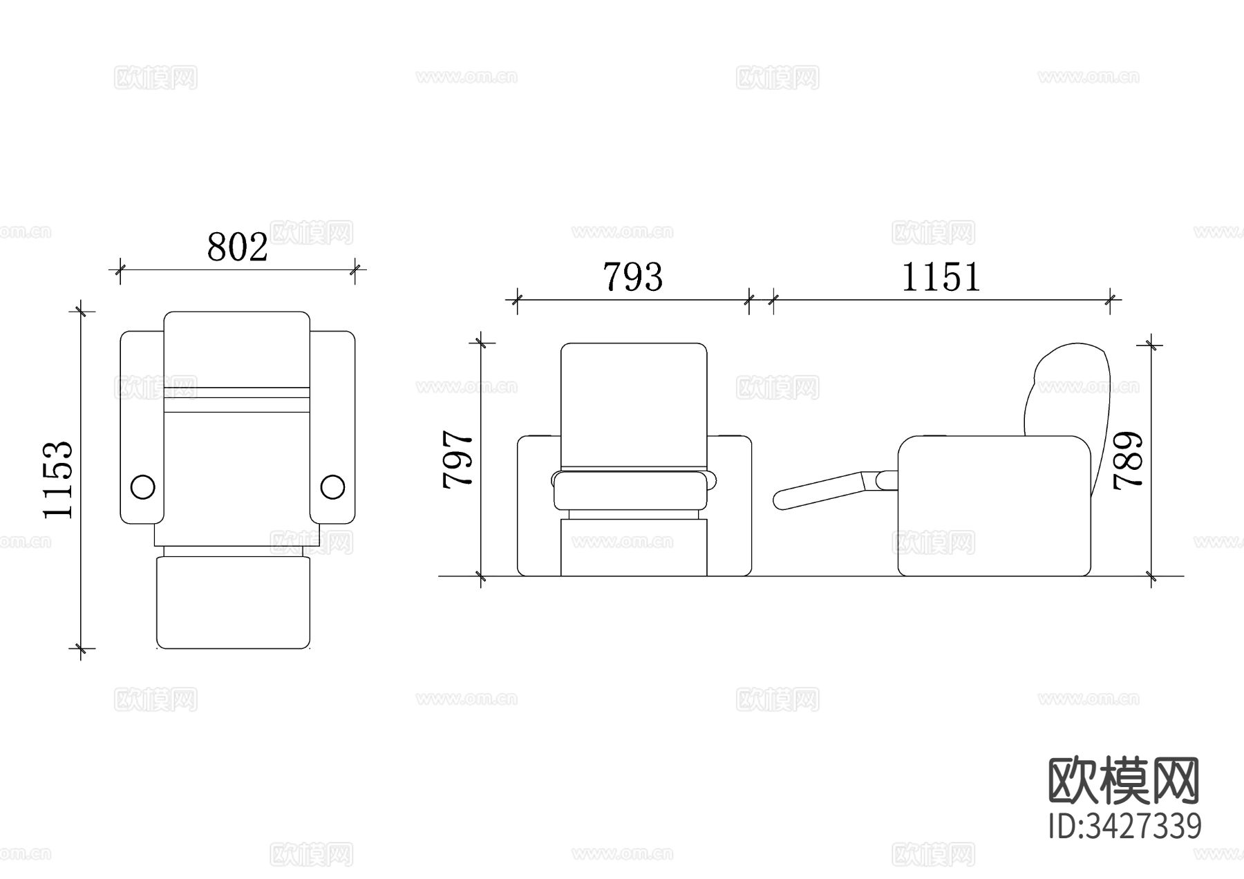 布艺躺椅三视图下载