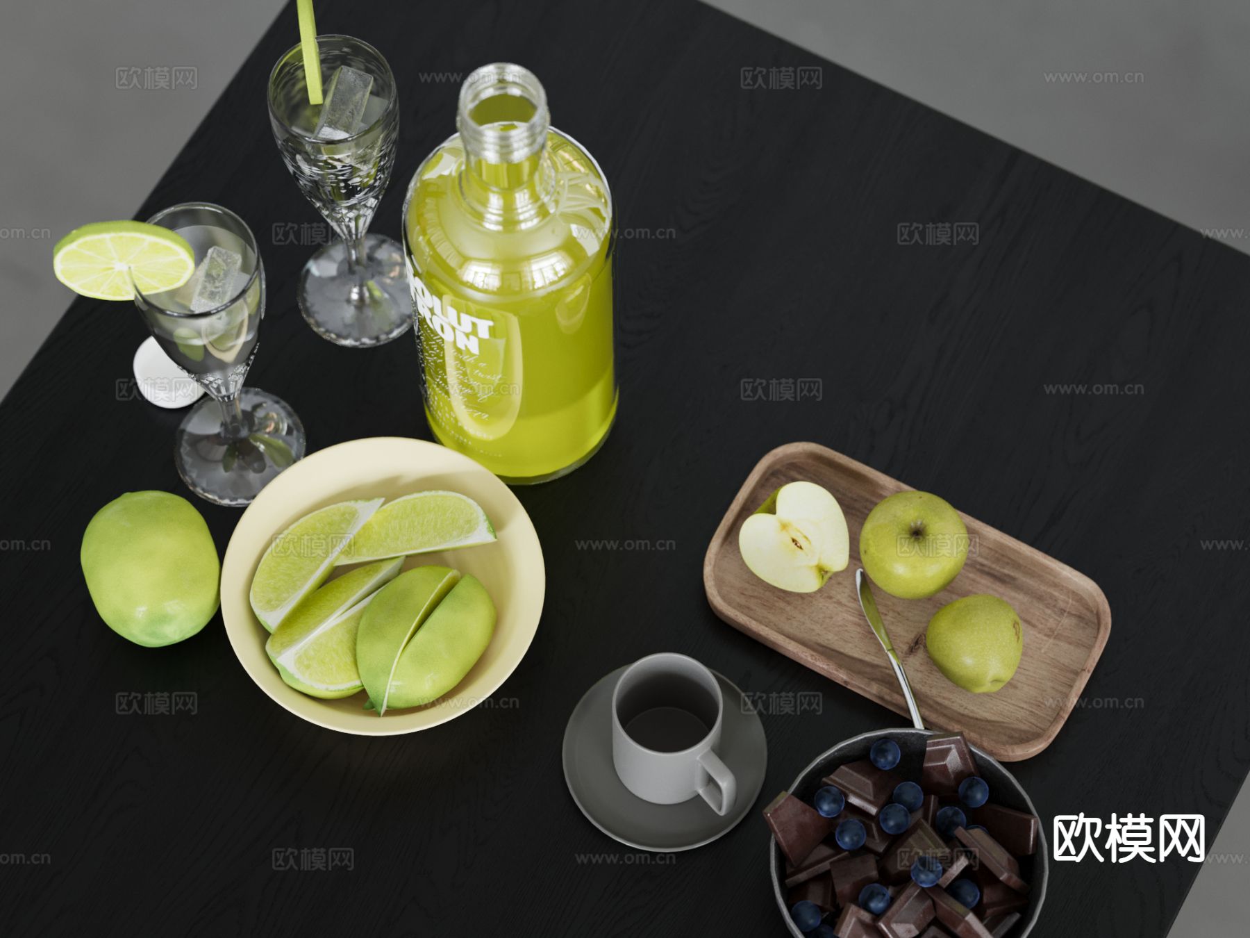 现代水果摆件 酒具 果盘 咖啡 巧克力 饮料3d模型下载