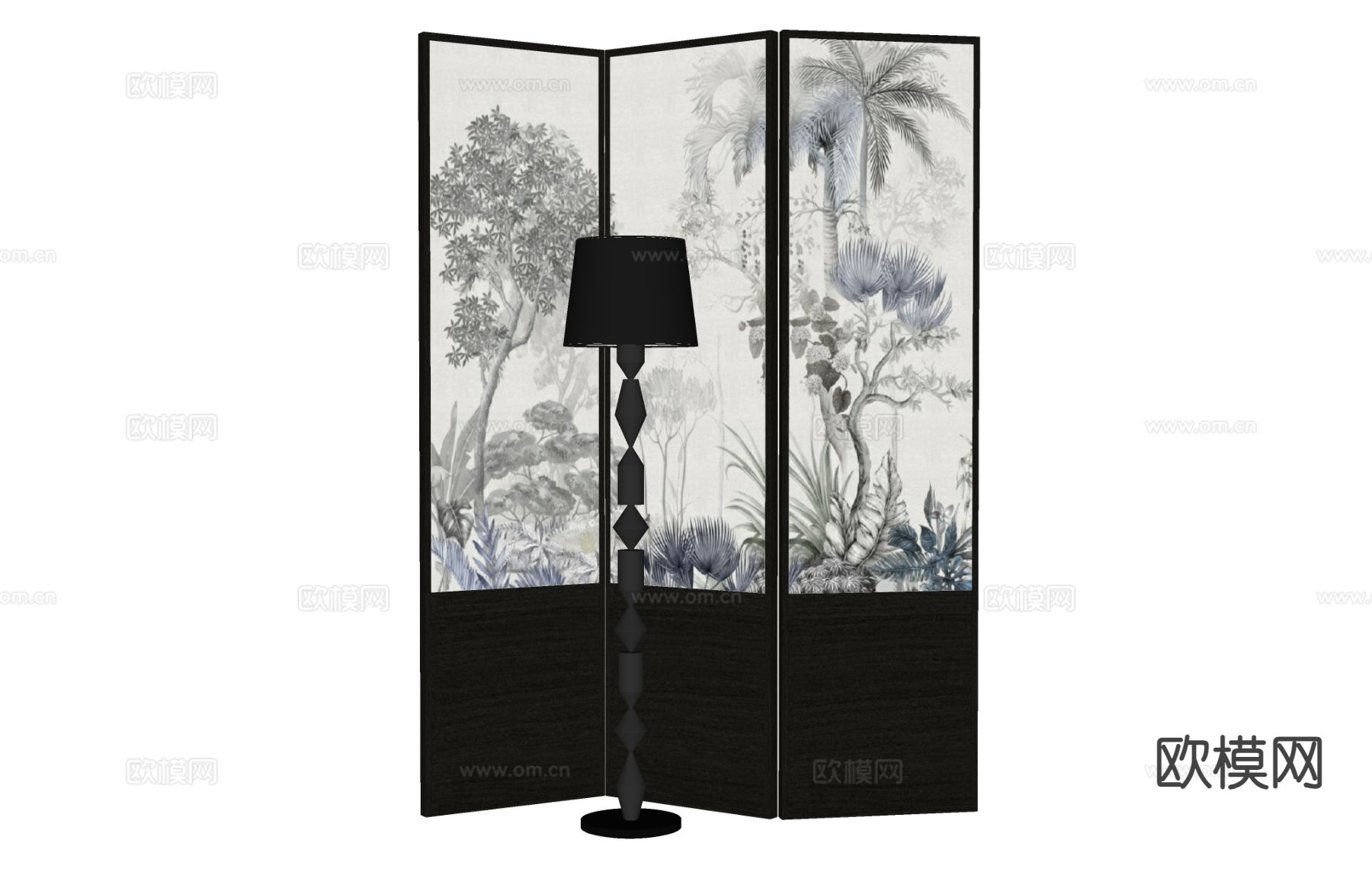 新中式隔断屏风  落地灯su模型下载（渲染图1）