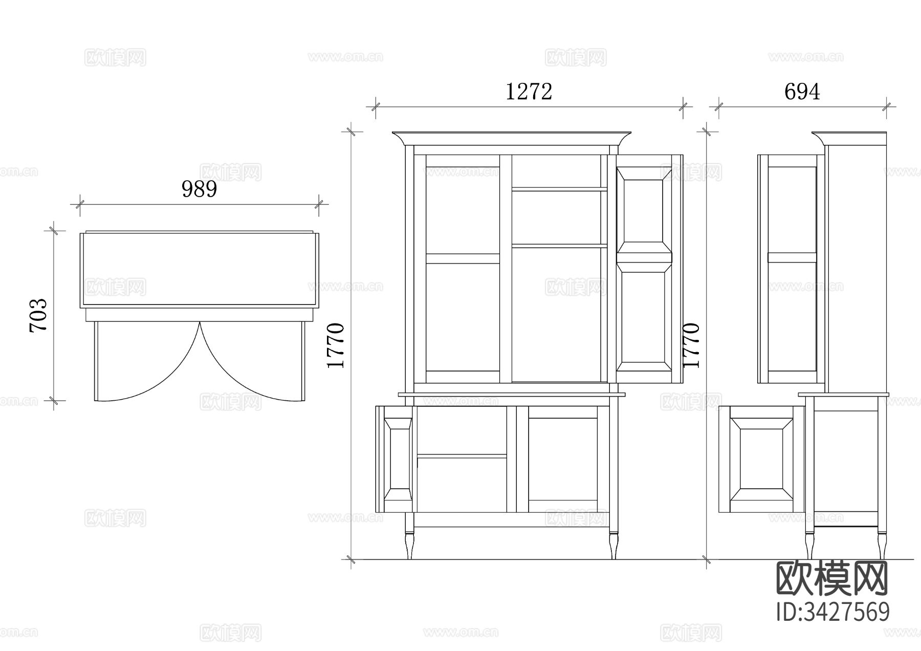 传统立式木质橱柜三视图下载