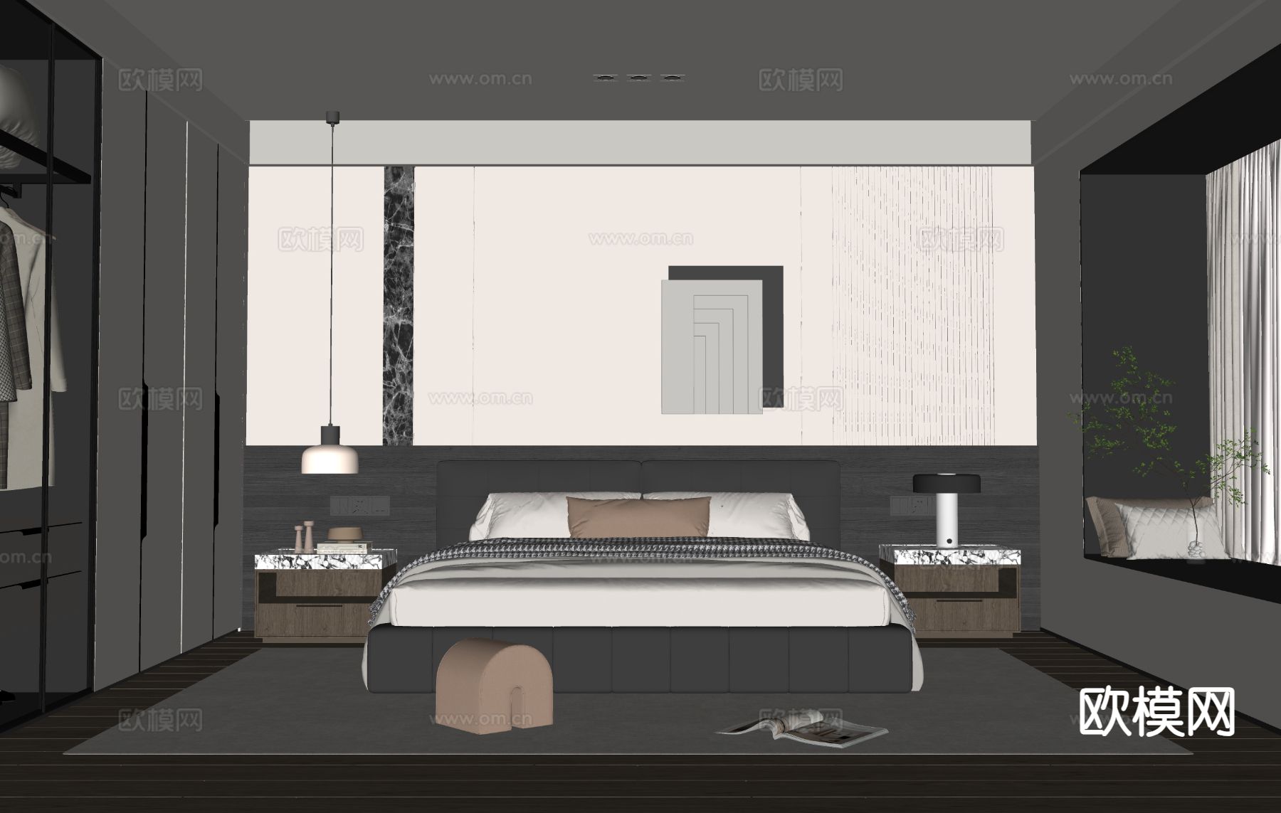 意式卧室 主卧 主人房su模型下载（渲染图1）