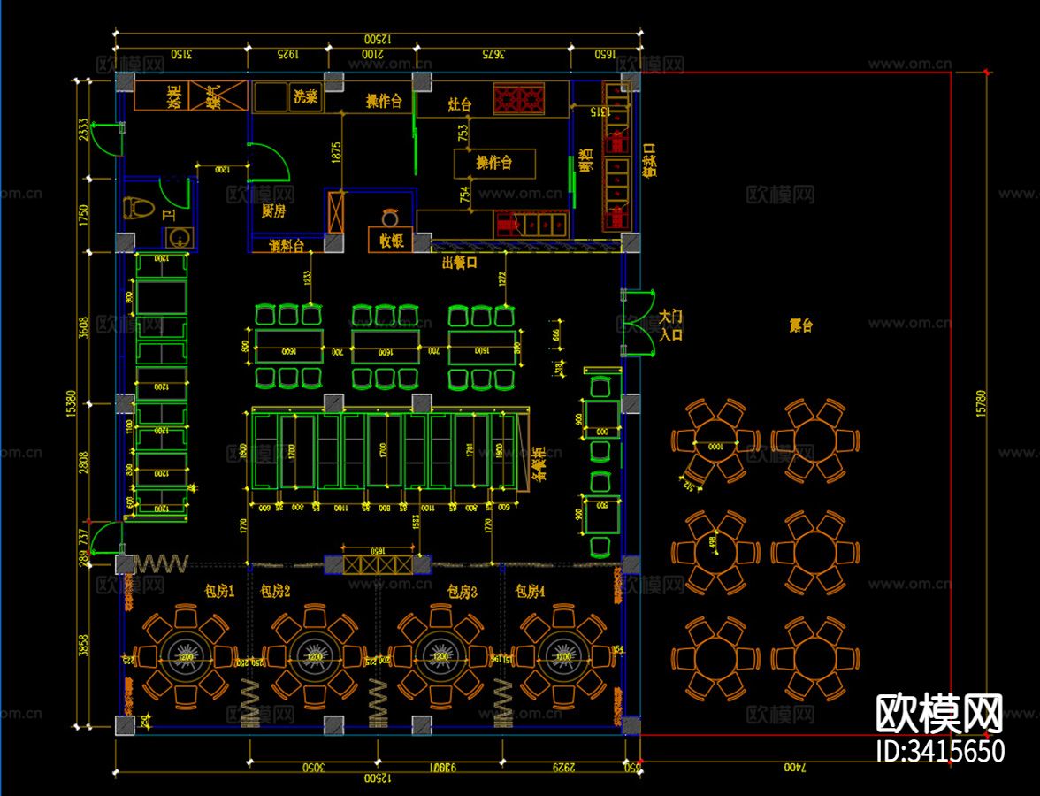 贵州餐厅深圳坂田店cad施工图下载（渲染图3）