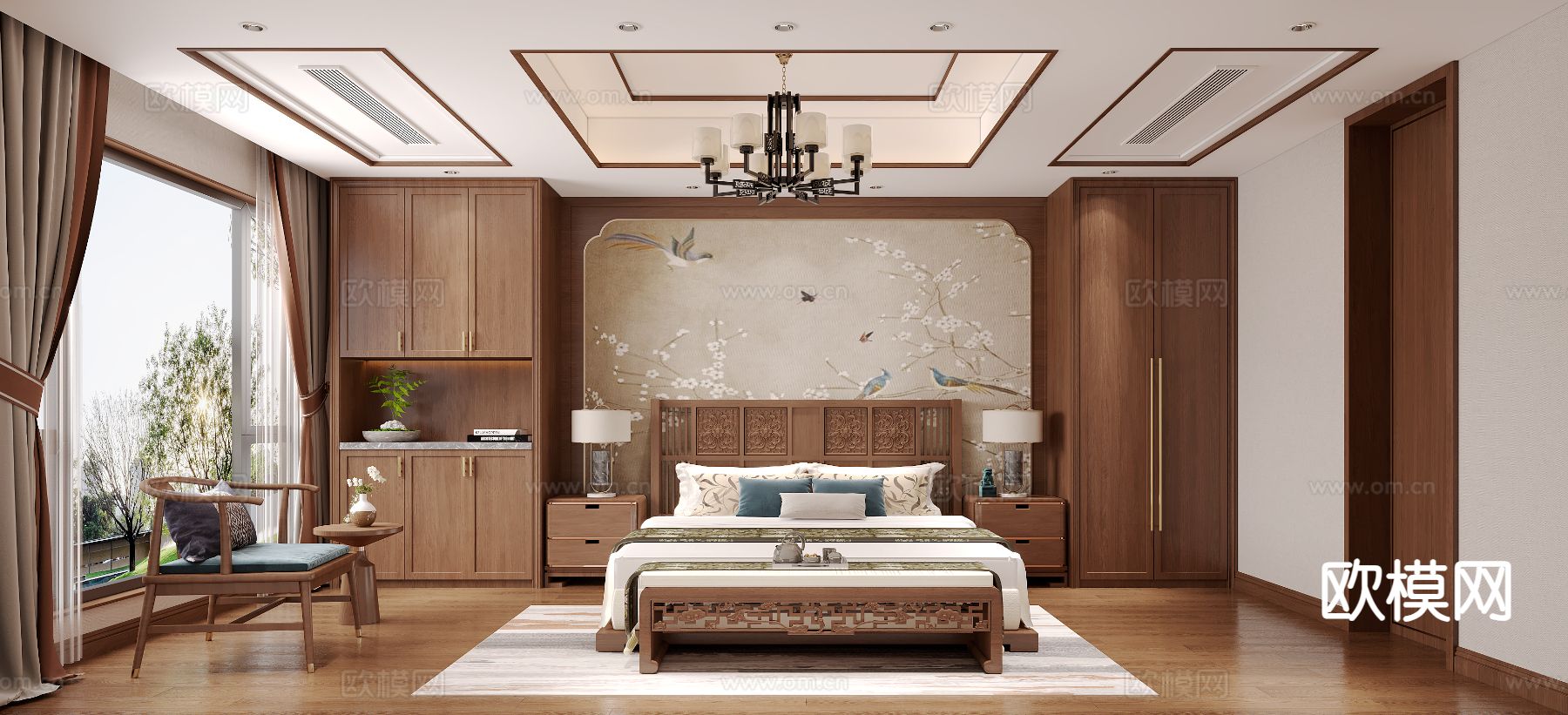 中式卧室 主卧3d模型下载（渲染图2）