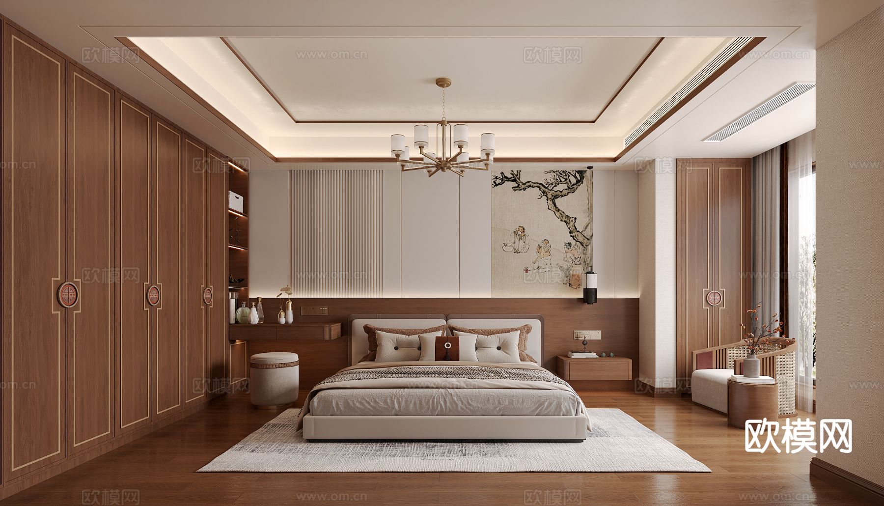 中式卧室 主卧3d模型下载（渲染图1）