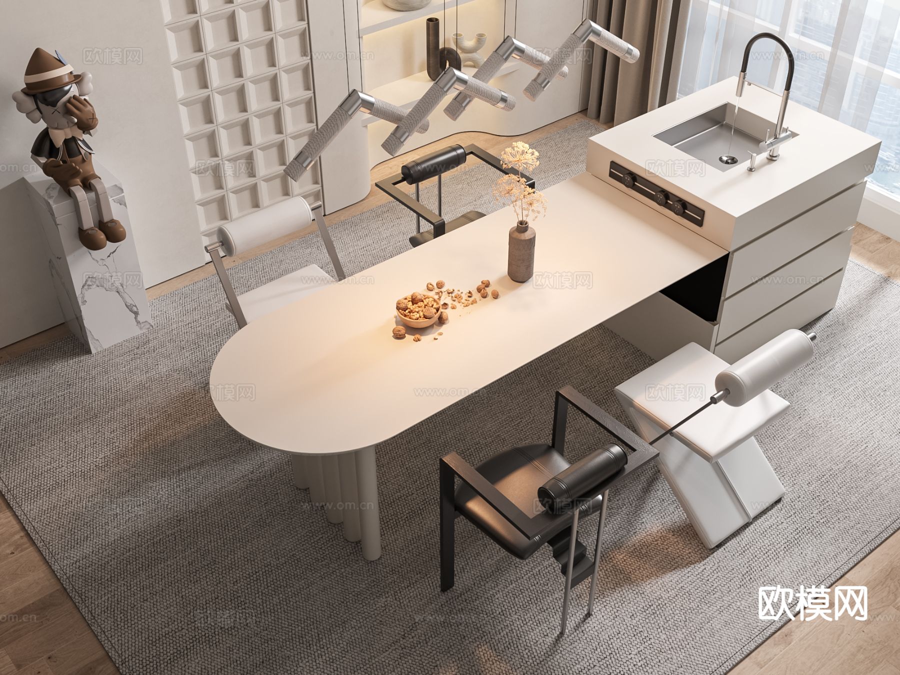 奶油风餐桌椅 岛台餐桌3d模型下载