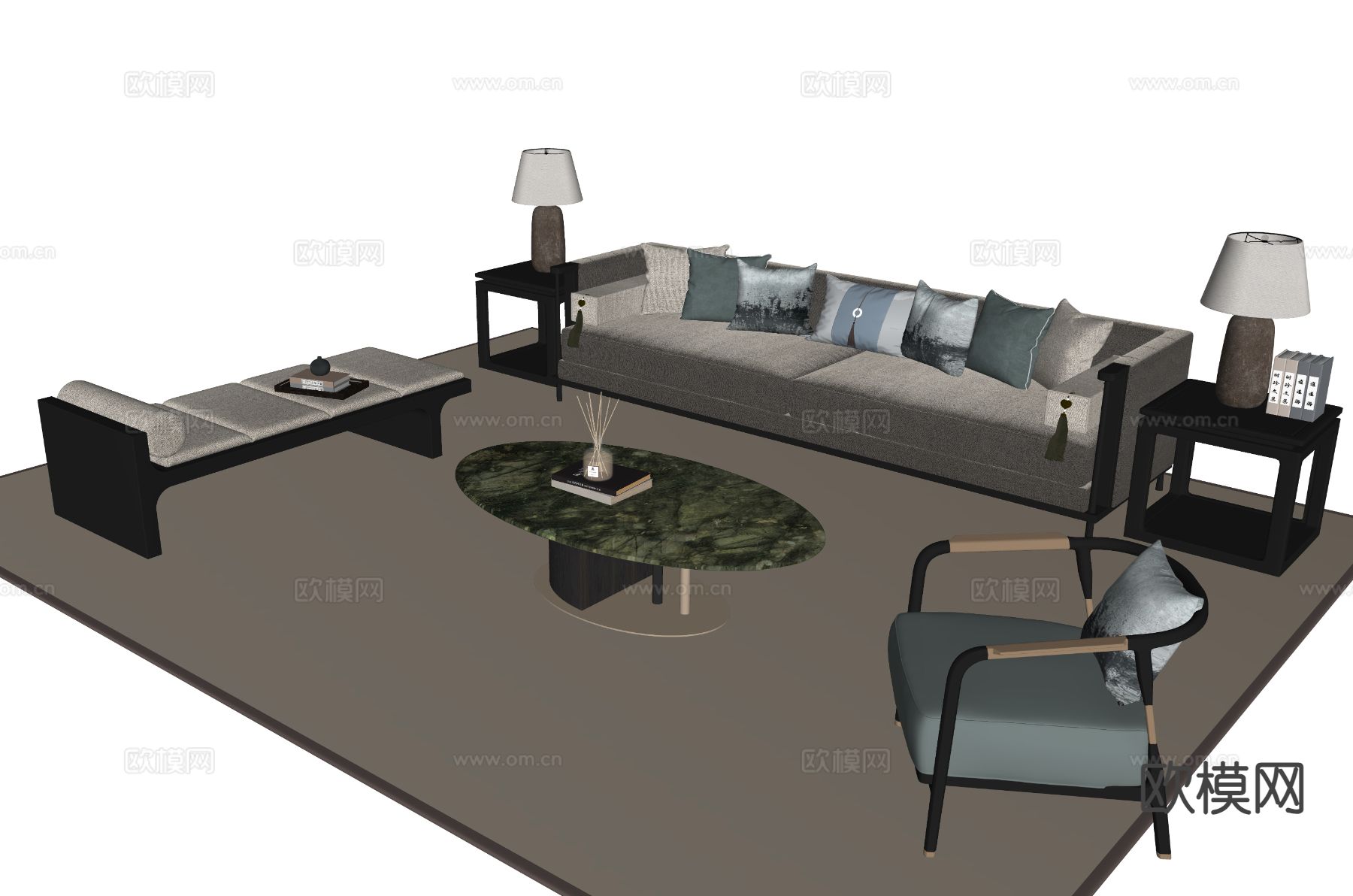 新中式组合沙发su模型下载（渲染图1）