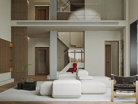  现代别墅客厅 简约客餐厅su模型 